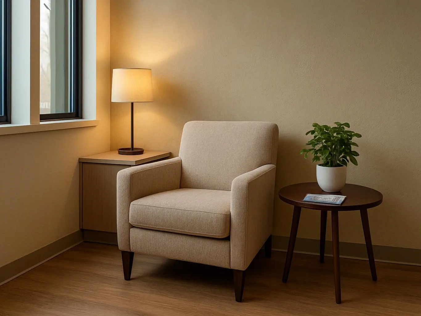 A beige armchair sits beside a lit lamp, small table, and potted plant in a quiet room