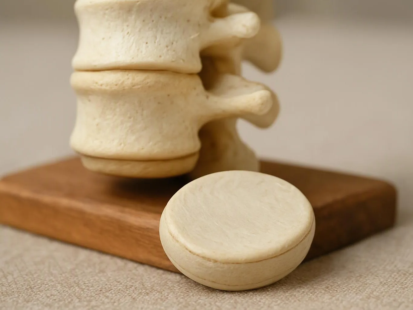 A beige spine model stands on a wooden base beside a small round bone-colored disc on fabric