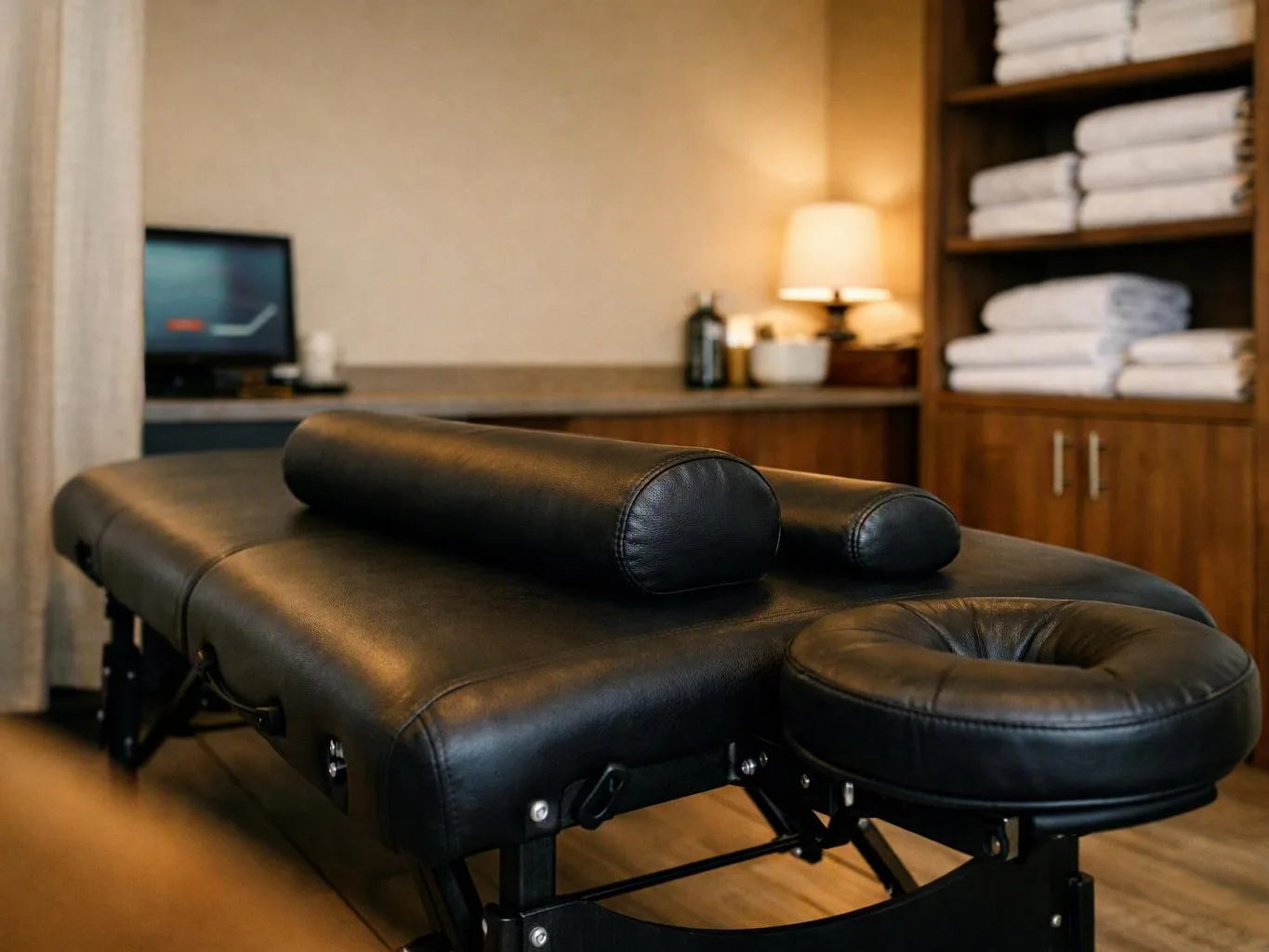 A black massage table sits in a warm treatment room with folded towels, a lamp, and a computer in back