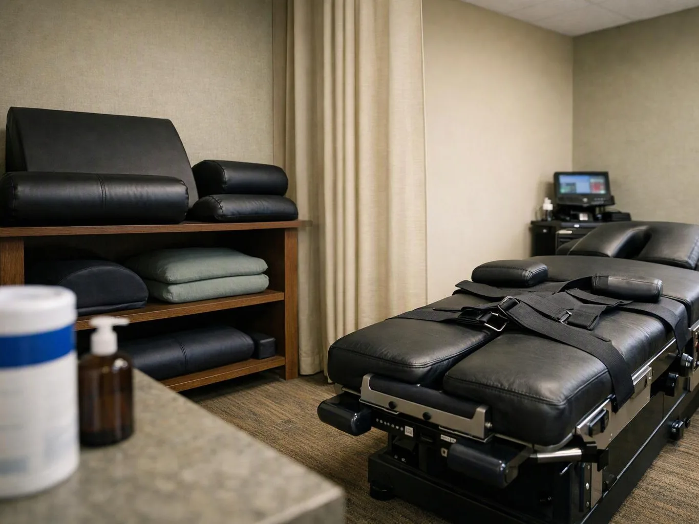 A black padded treatment table sits in a quiet clinic room beside folded cushions and shelves