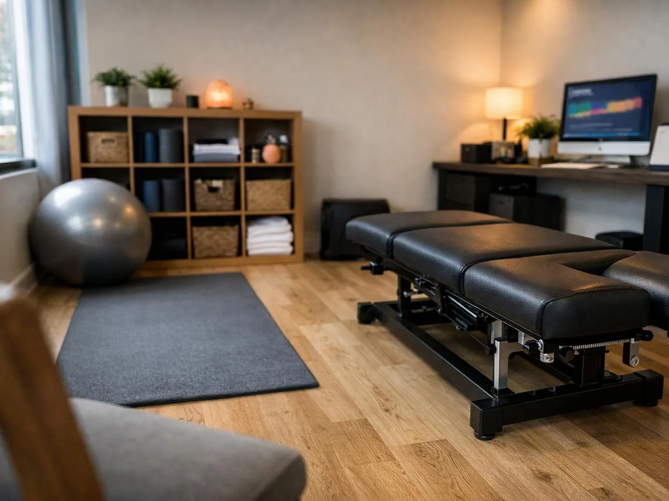A black treatment table sits in a tidy therapy room with shelves, a desk, a yoga ball, and a floor mat