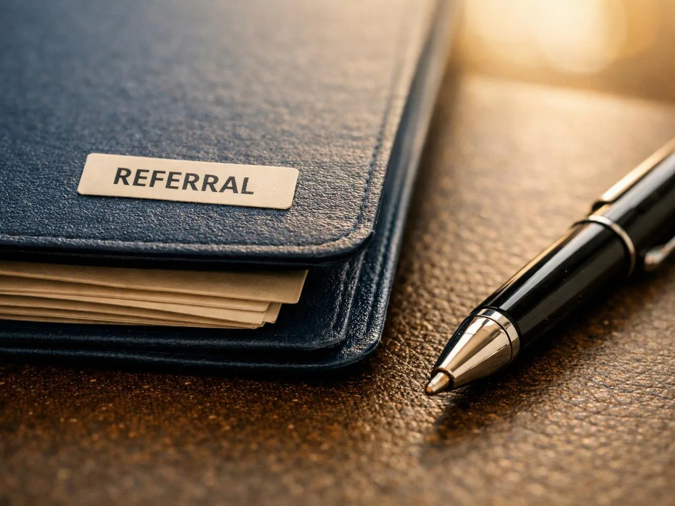 A blue folder labeled “REFERRAL” sits beside a black pen on a textured desk surface