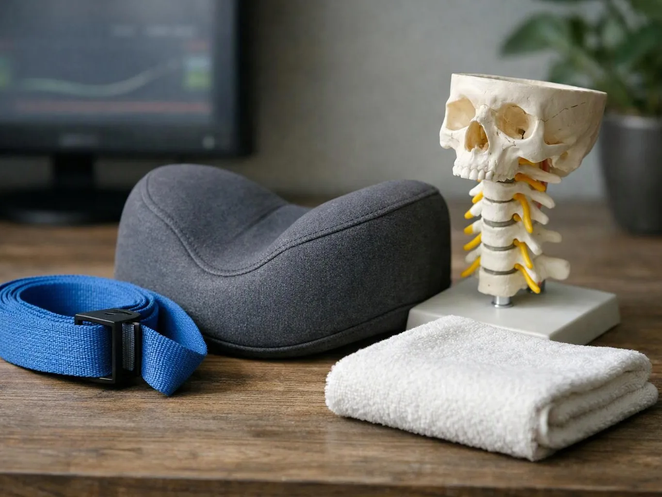 A blue strap, gray cushion, folded white towel, and small spine model sit on a wooden table
