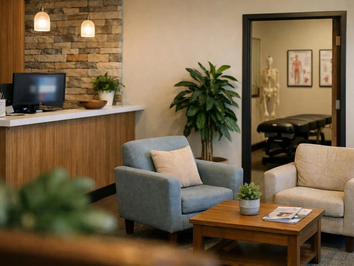A calm clinic waiting area shows chairs, a reception desk, and an open exam room with a treatment table