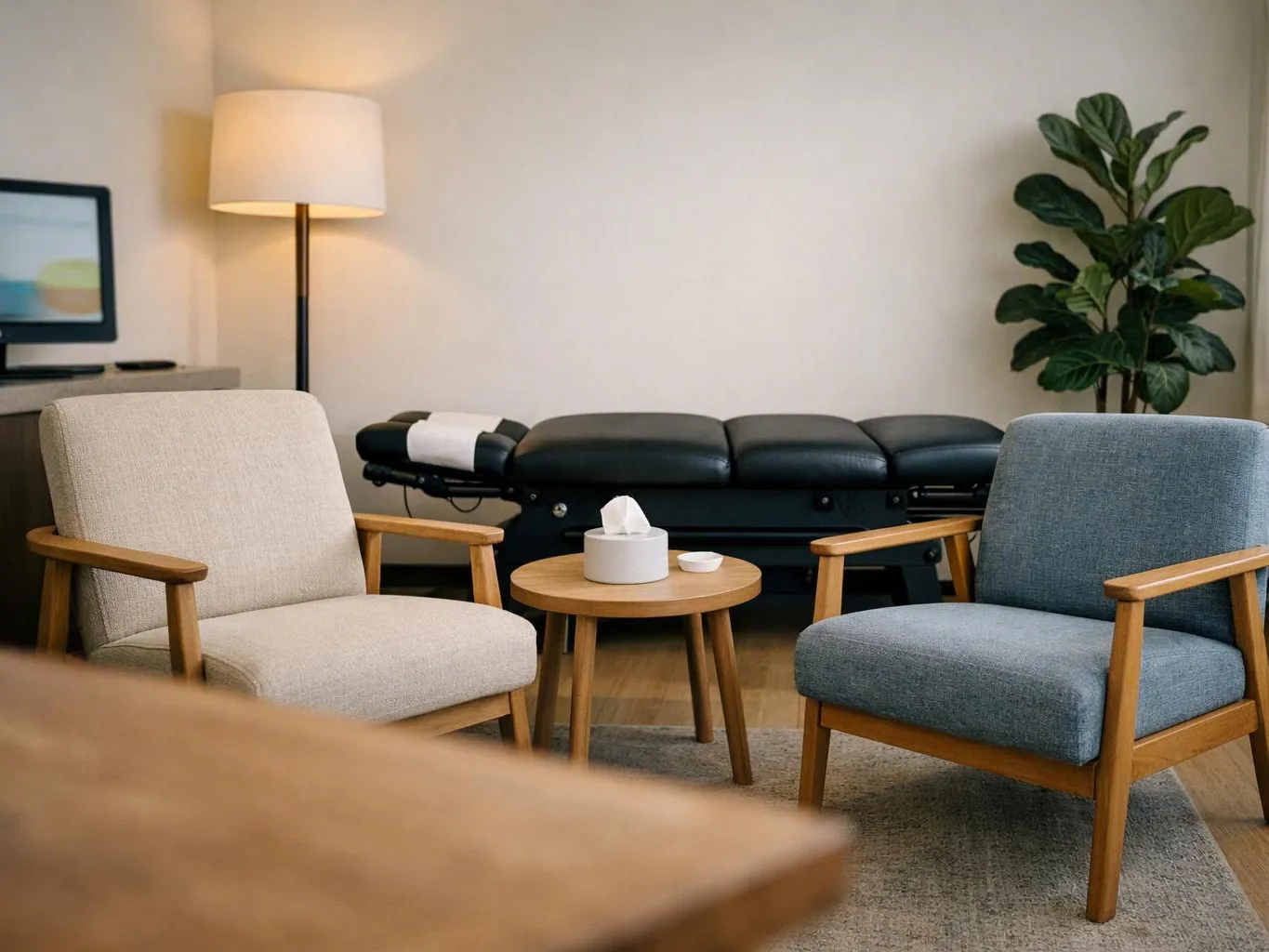 A calm treatment room shows two armchairs, a massage table, a floor lamp, a side table, and a potted plant