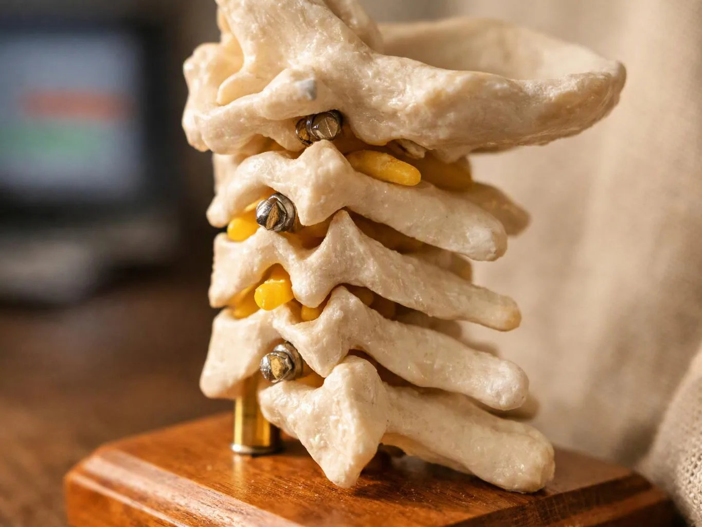 A close-up shows a spine model with beige vertebrae and yellow disks on a wooden base