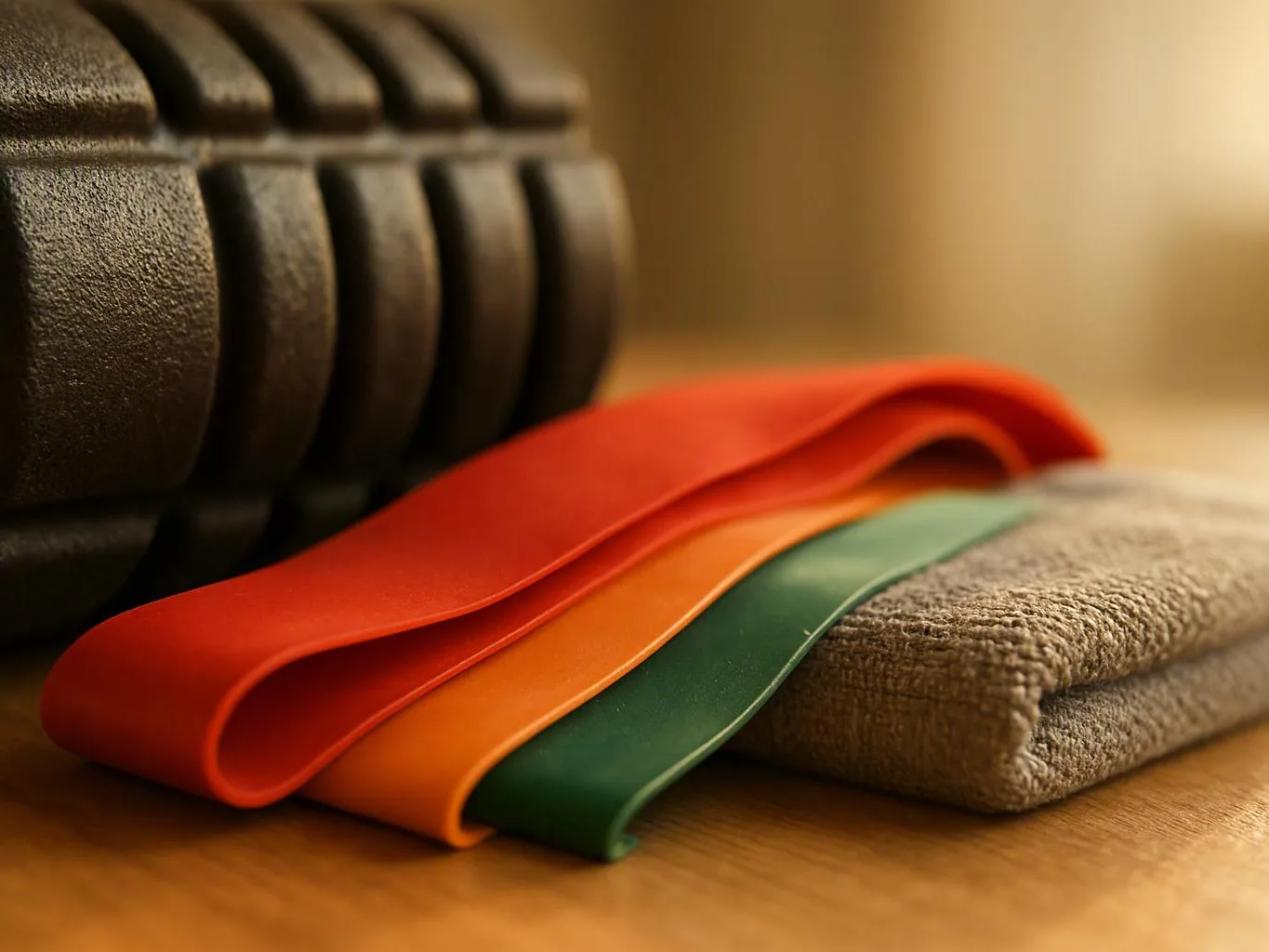 Colorful resistance bands rest on a table beside a textured black dumbbell and folded gray towel