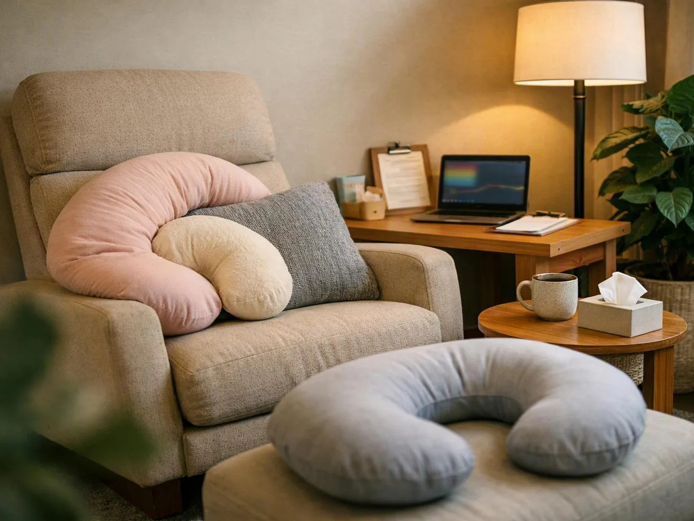 A cozy living room shows a beige armchair, laptop desk, lamp, side table, and soft pillows
