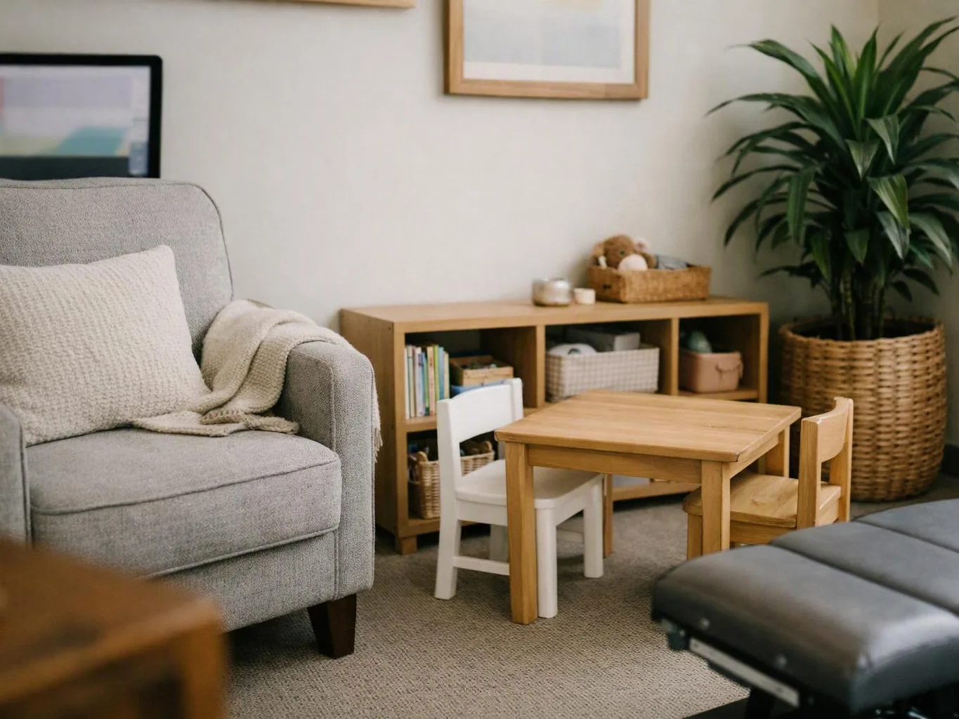 A cozy living room shows a gray armchair, small table and chairs, shelves, and a potted plant