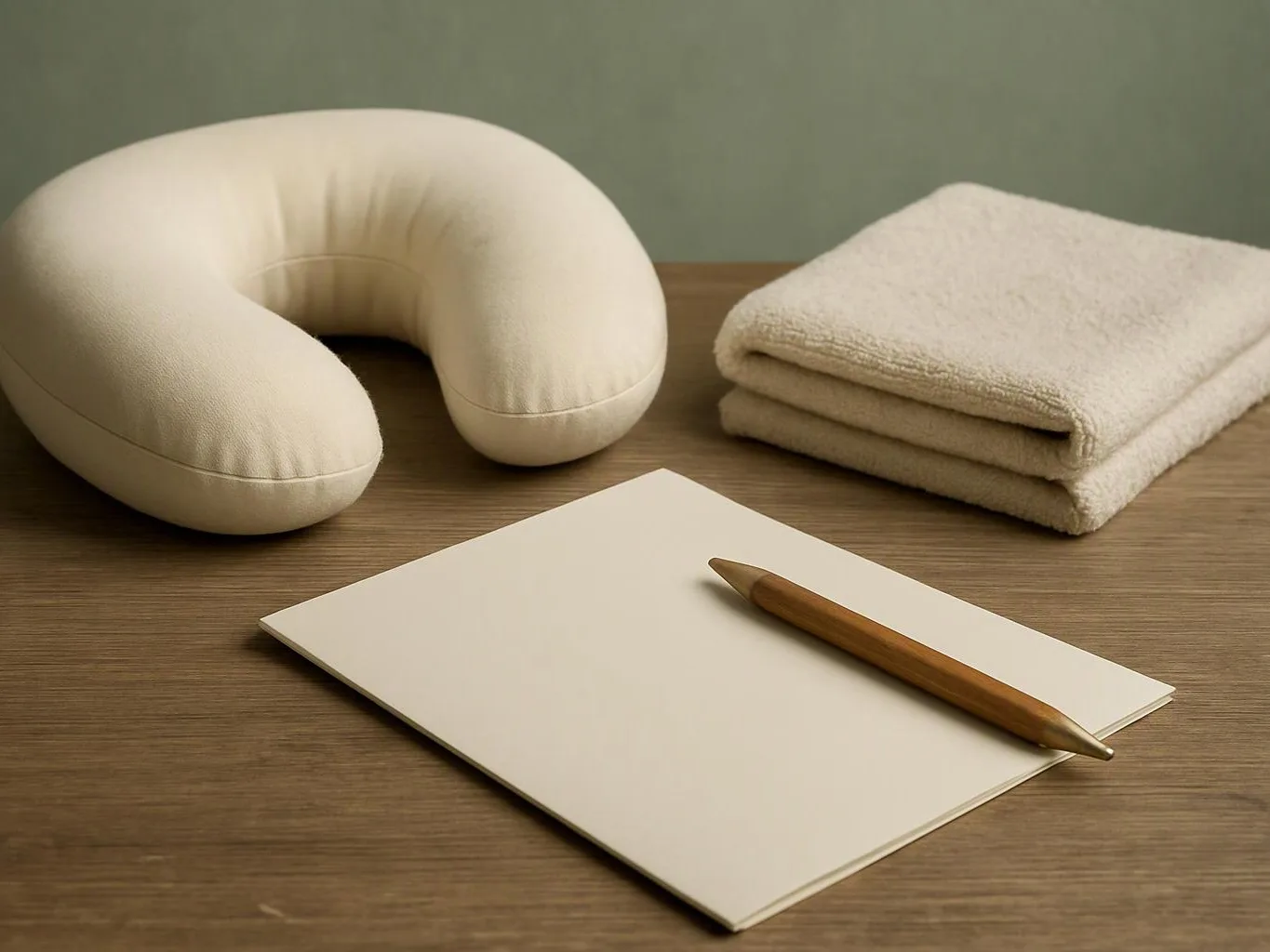 A cream U-shaped cushion, folded white towels, and a blank paper with a wooden pencil sit on a wooden table