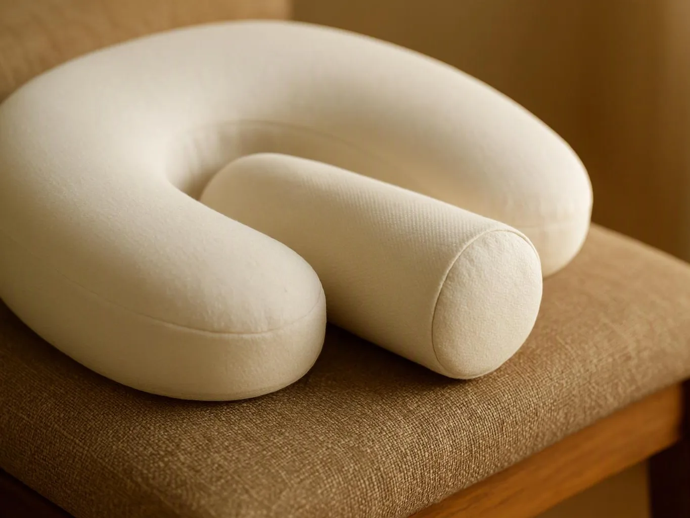 A cream U-shaped neck pillow rests on a brown upholstered chair seat