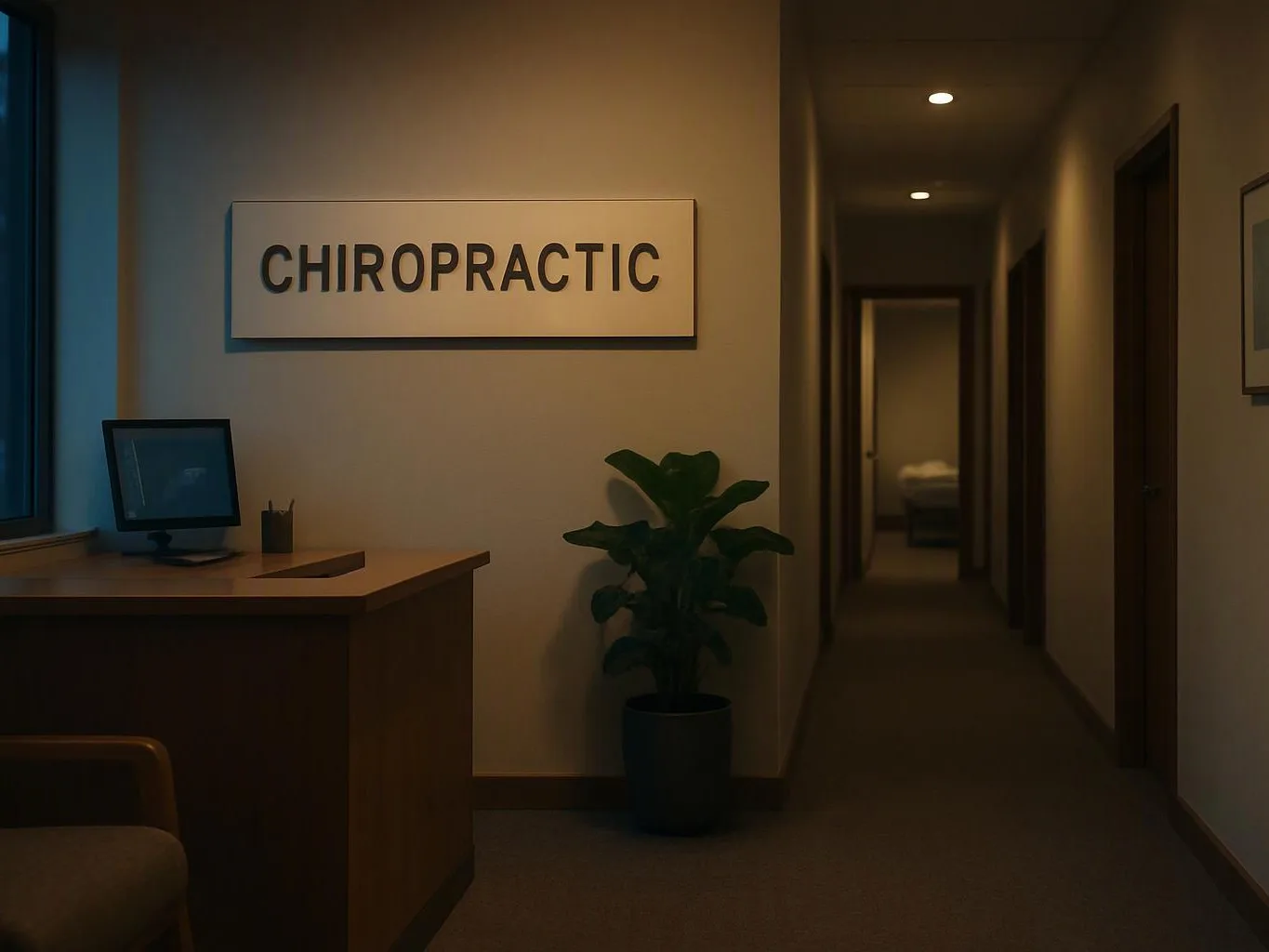 A dim clinic hallway shows a reception desk, a potted plant, and a wall sign reading "CHIROPRACTIC"