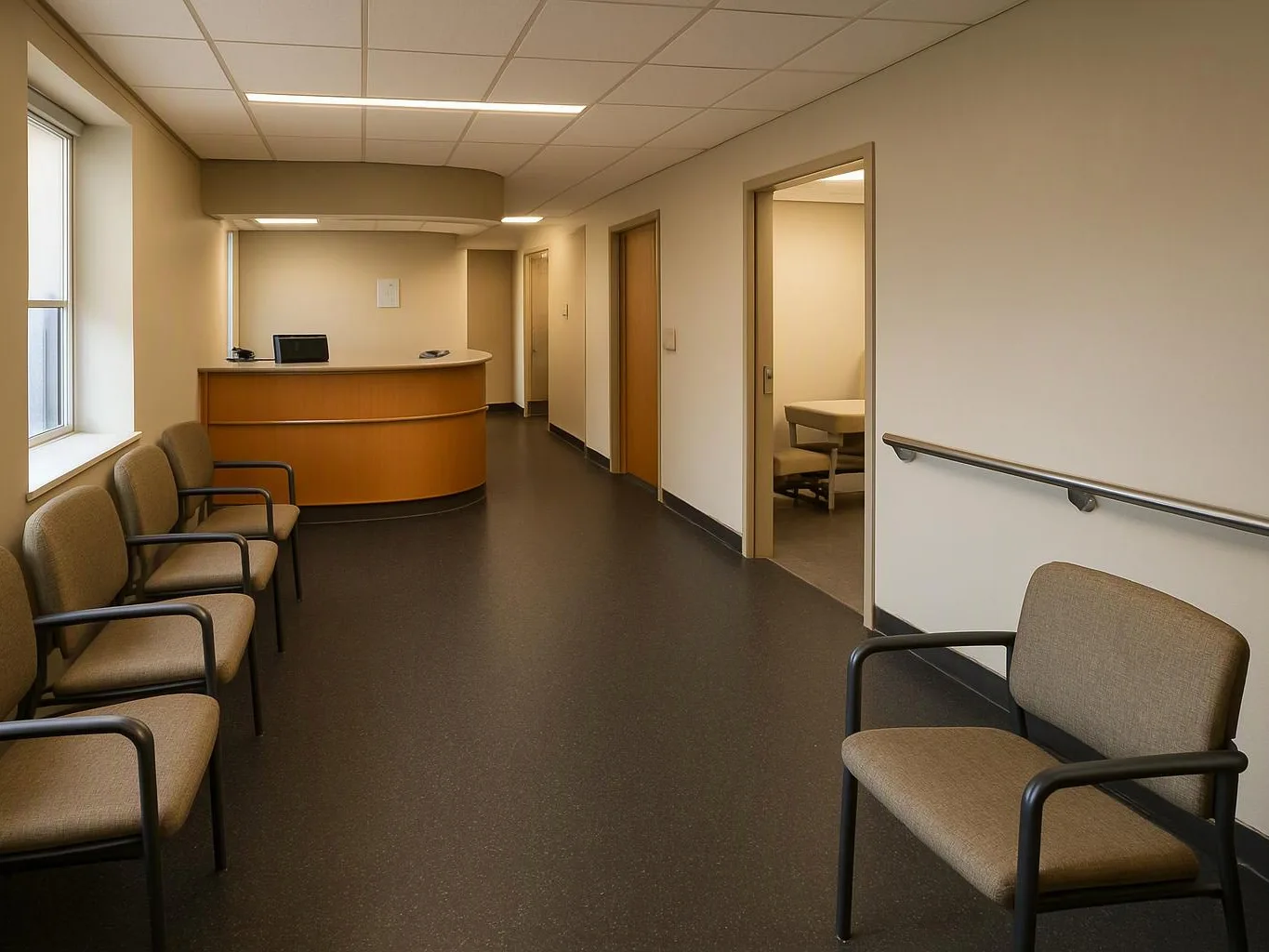 An empty beige waiting room shows rows of chairs, a curved front desk, and open doorways along the hall