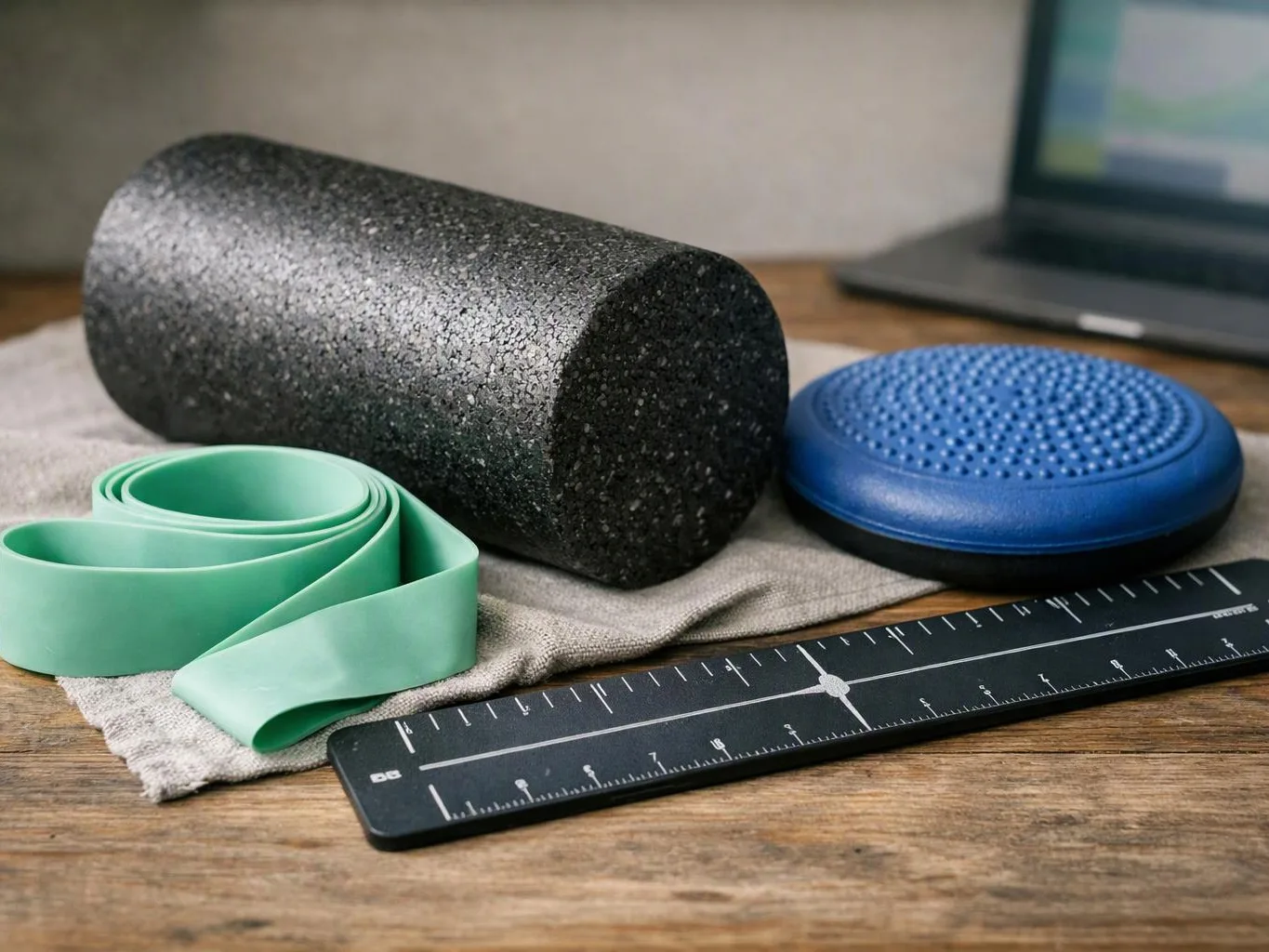 Exercise equipment, including a foam roller, resistance band, balance disc, and ruler on a wooden table