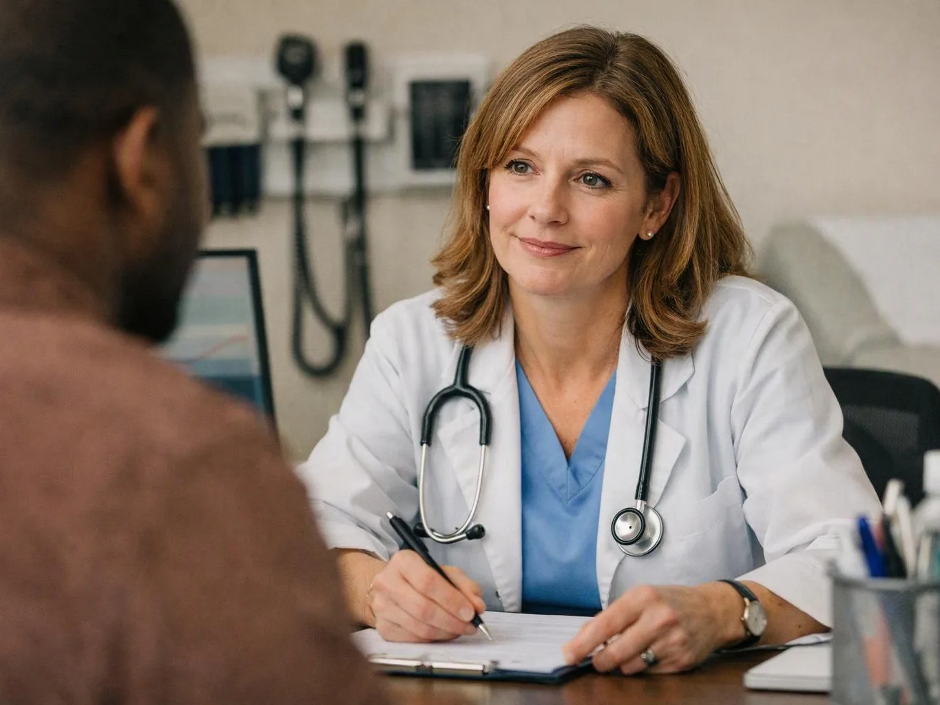 A female doctor in a white coat talks with a patient in an exam room while writing notes