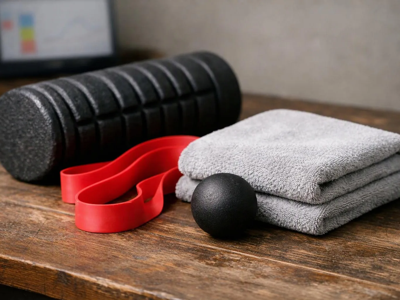 A foam roller, red resistance band, black massage ball, and folded gray towels sit on a wooden surface
