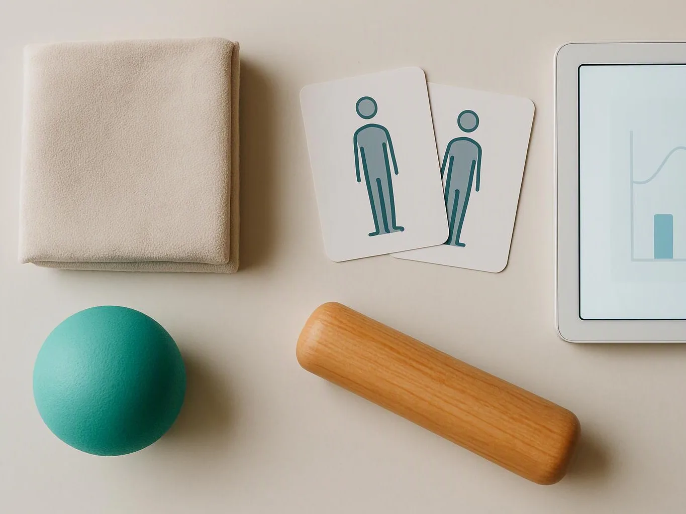 A folded towel, two figure cards, a teal ball, a wooden roller, and part of a tablet on a beige surface
