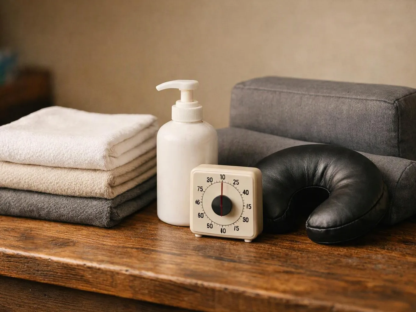 Folded towels, a lotion bottle, a timer, and a neck pillow sit on a wooden shelf