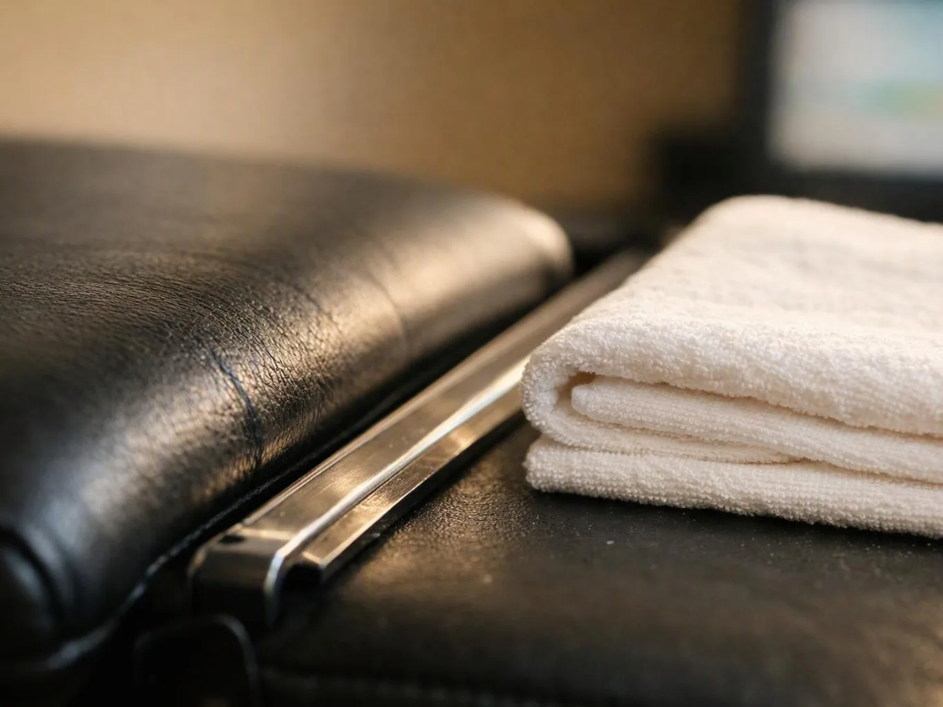A folded white towel rests beside a black leather bench and metal rail in warm light