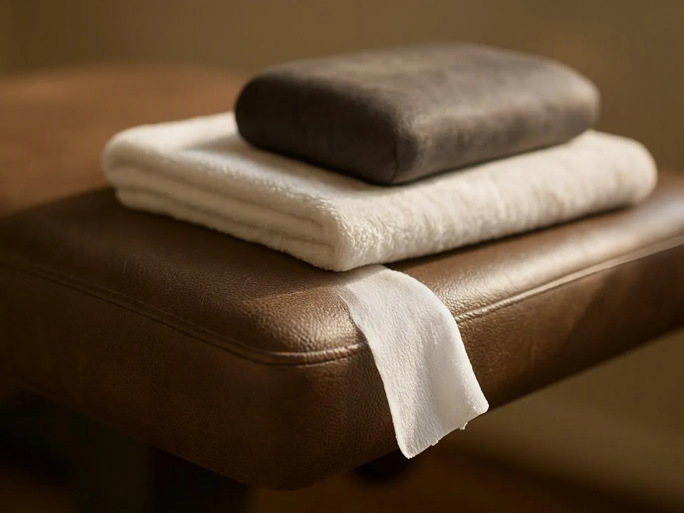 Folded white towels and a dark cloth rest on a brown leather bench in warm light
