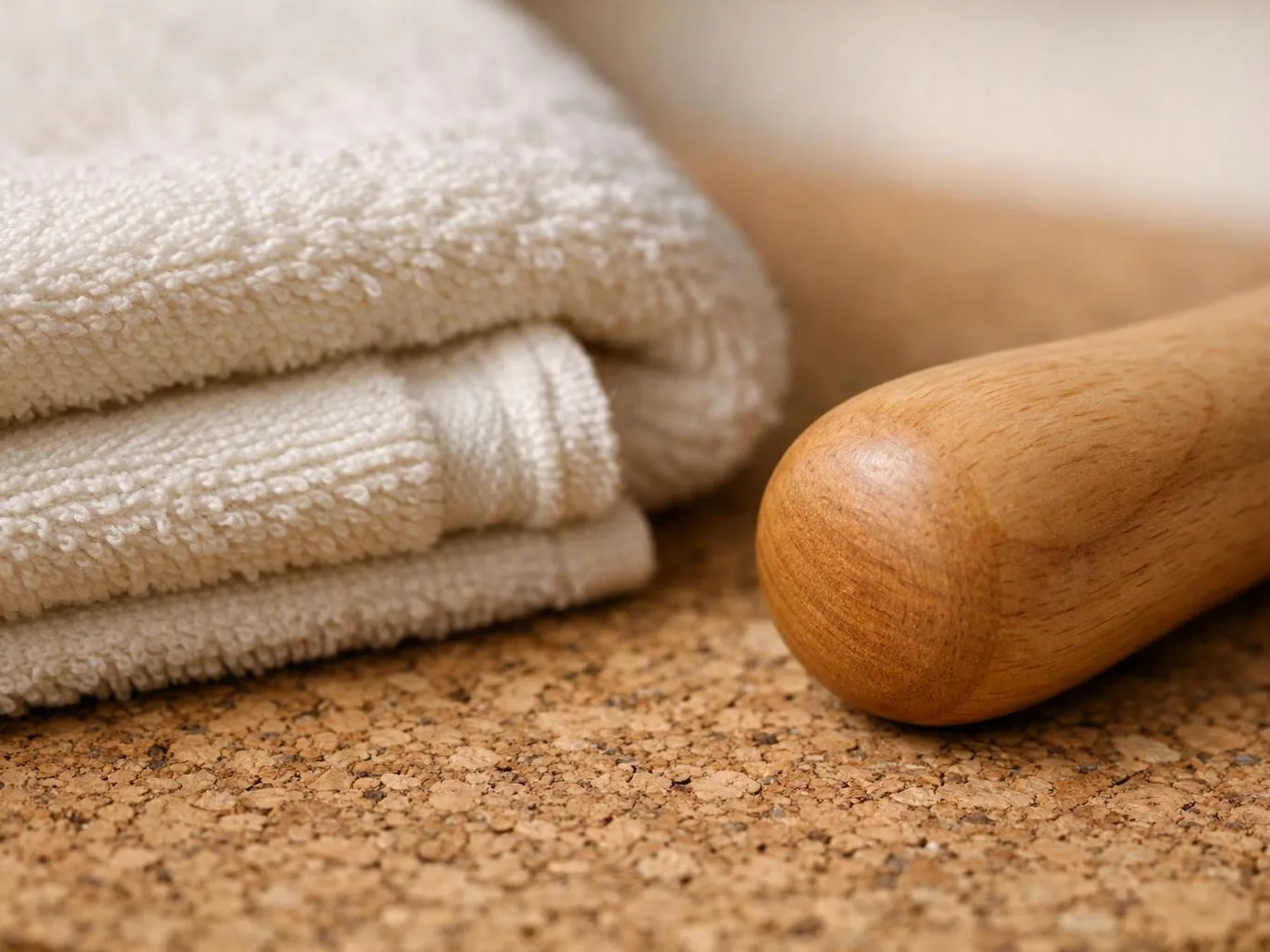 Folded white towels rest beside a smooth wooden handle on a cork surface
