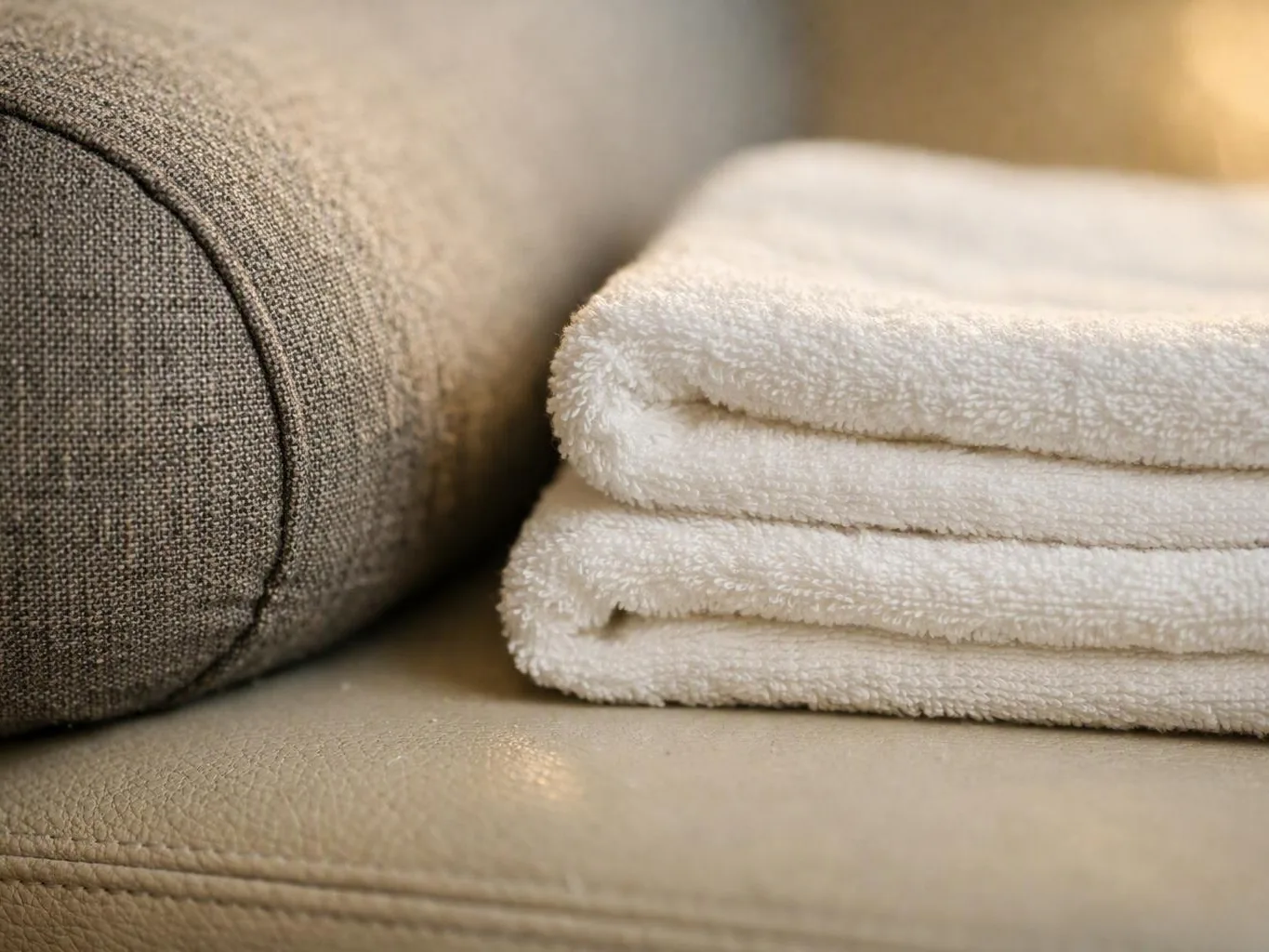 Folded white towels sit beside a gray cushion on a beige sofa in soft light
