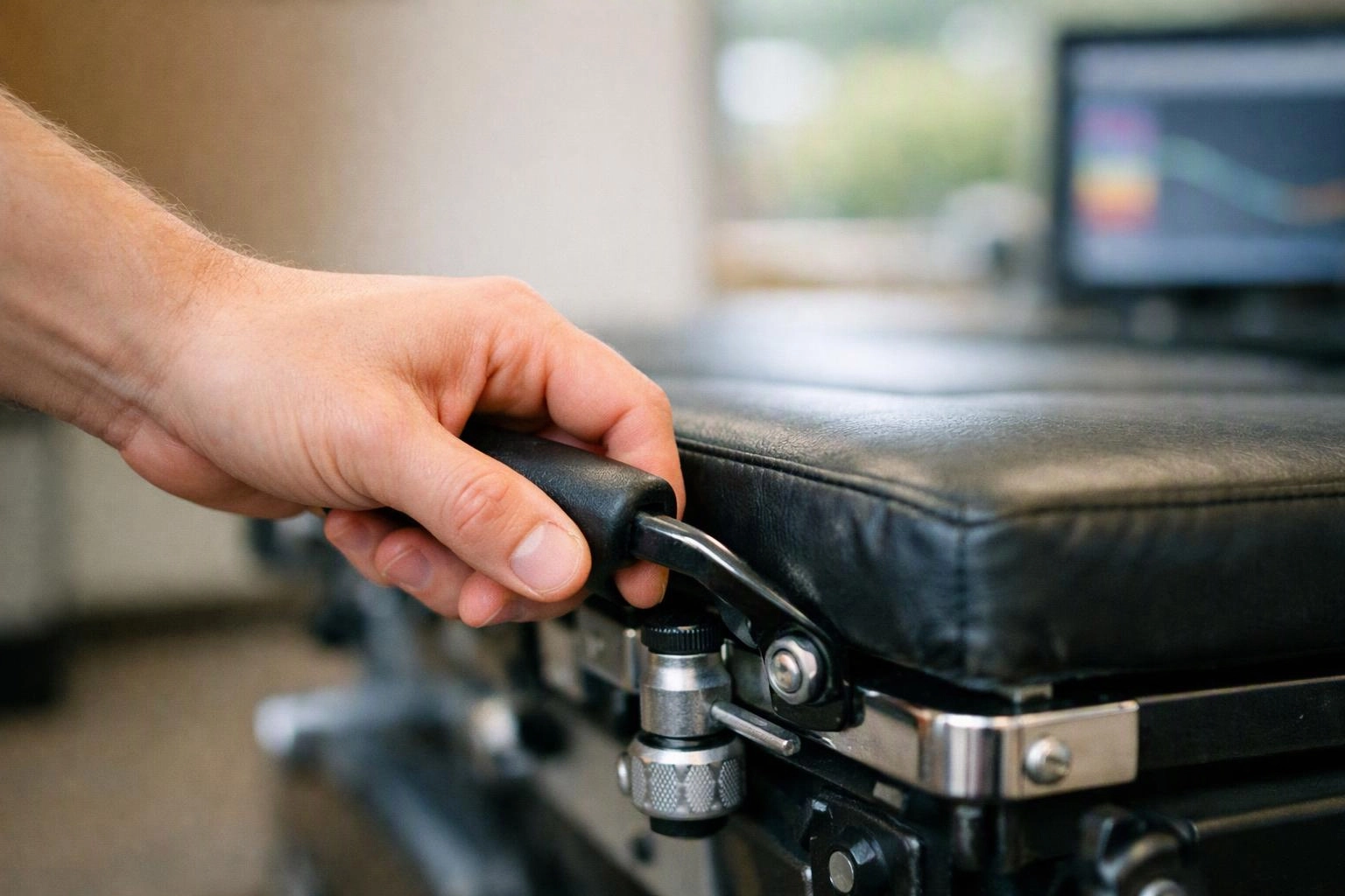 A hand grips the adjustment lever on a black medical examination table in a clinic room
