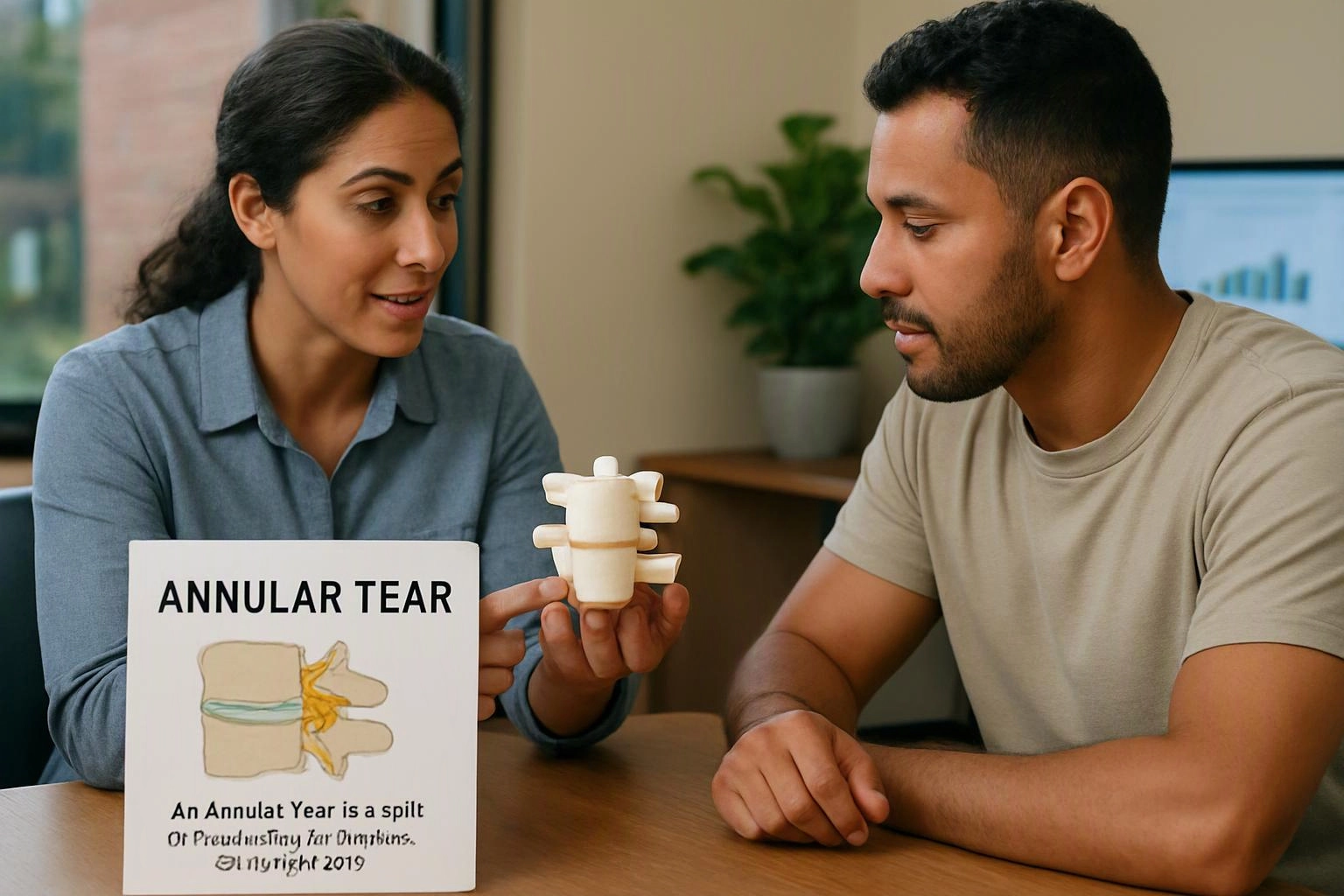 Two people discuss a spine model at a table, with a card labeled “ANNULAR TEAR” in front of them