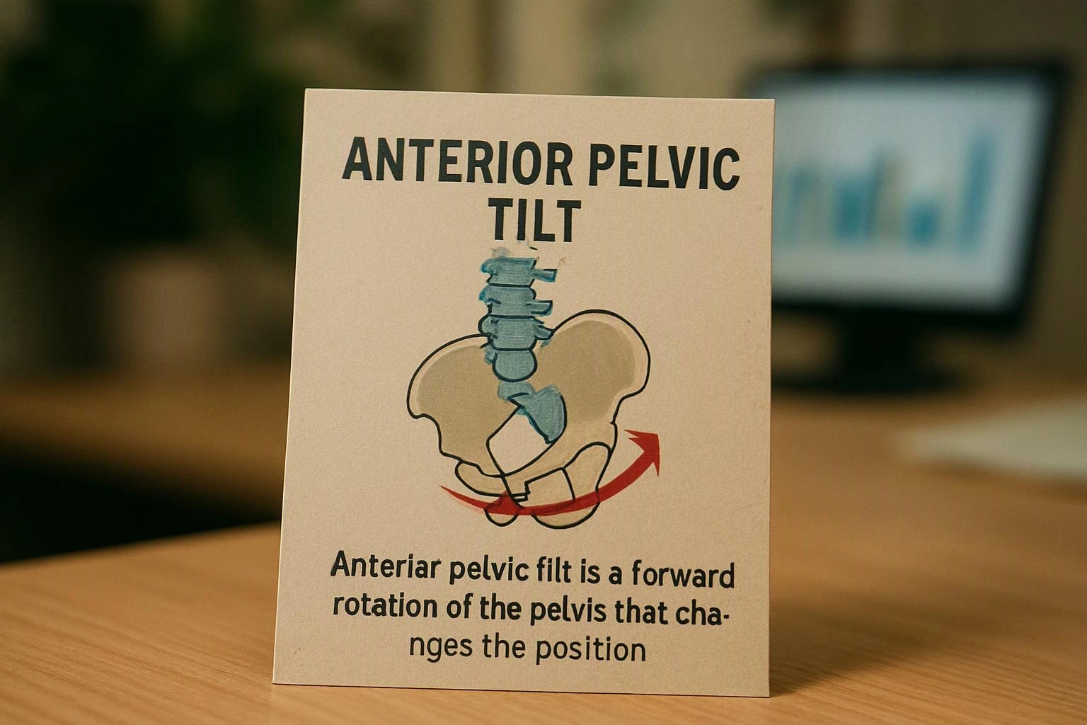 A desk card shows a pelvis diagram labeled “ANTERIOR PELVIC TILT” on a wooden table with a blurred monitor behind it