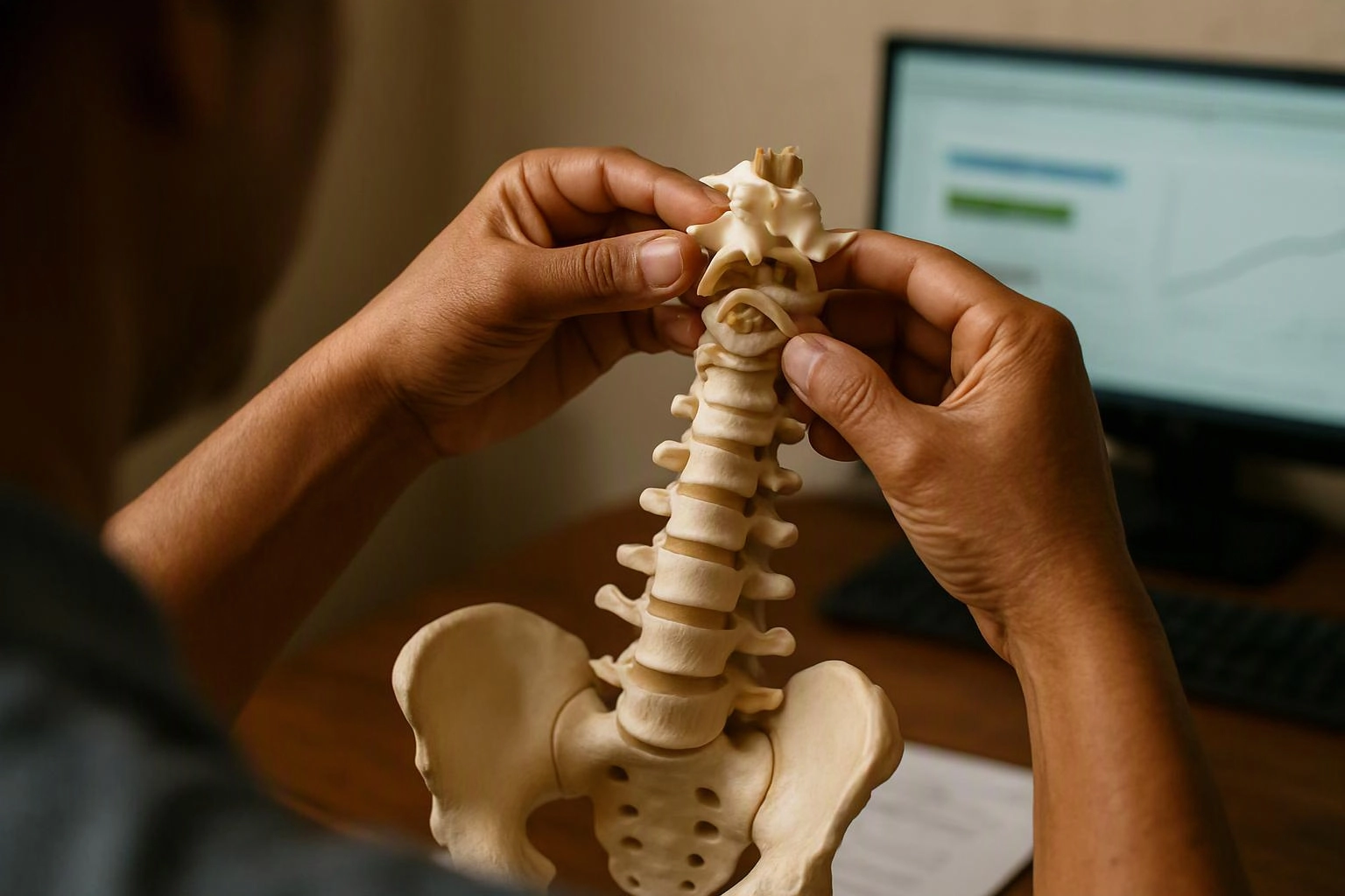 A person holds a small spine model in front of a computer monitor on a desk