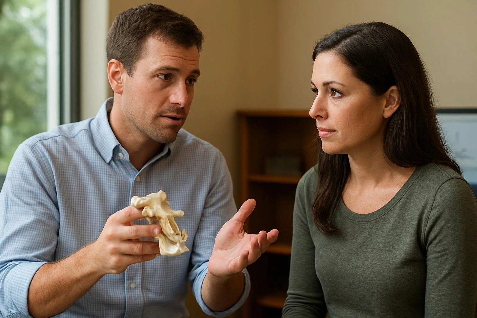 A man explains a bone model to a seated woman in a bright office-like room