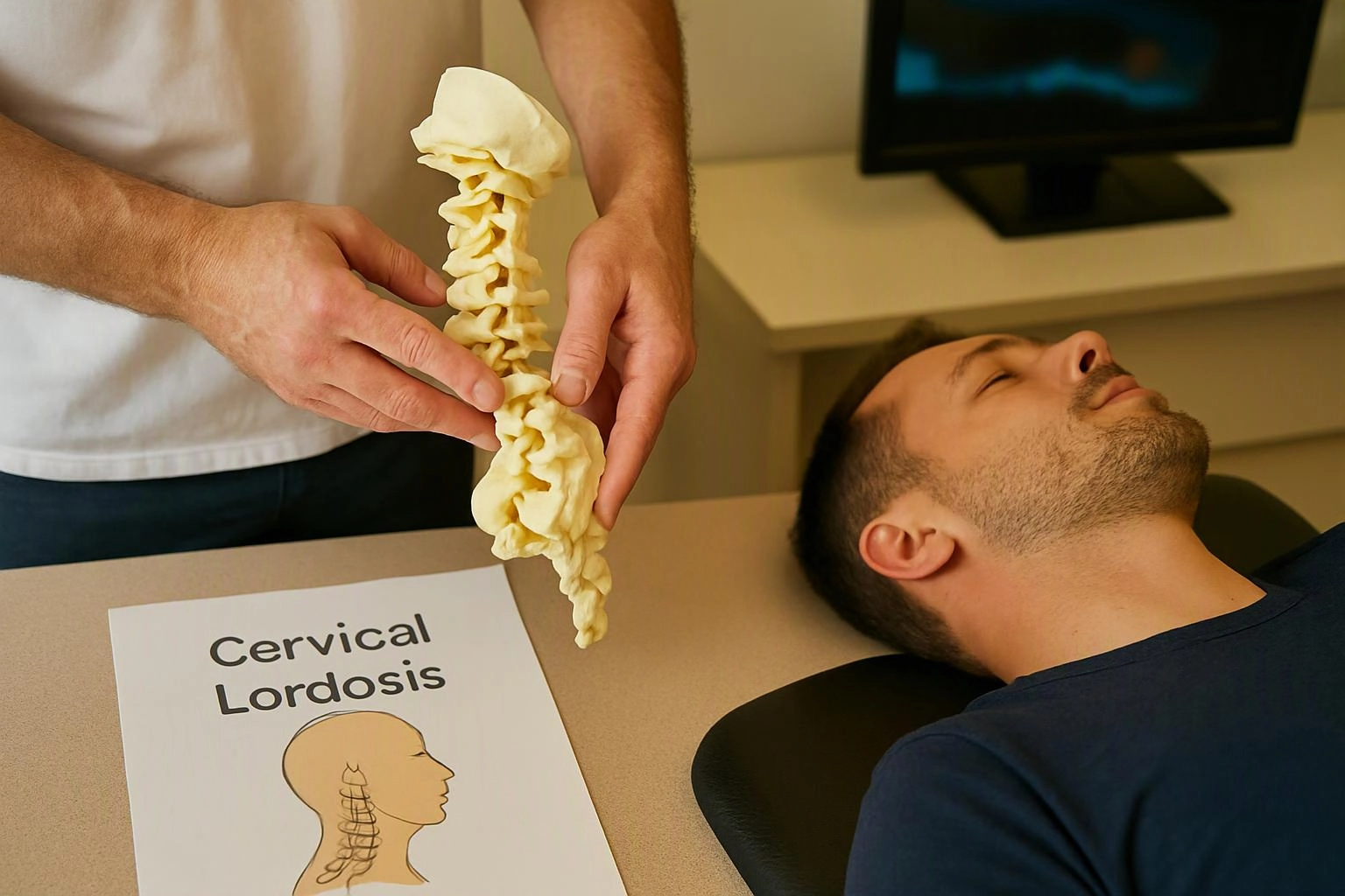 A person shows a spine model beside a resting man while a cervical lordosis chart sits on the table
