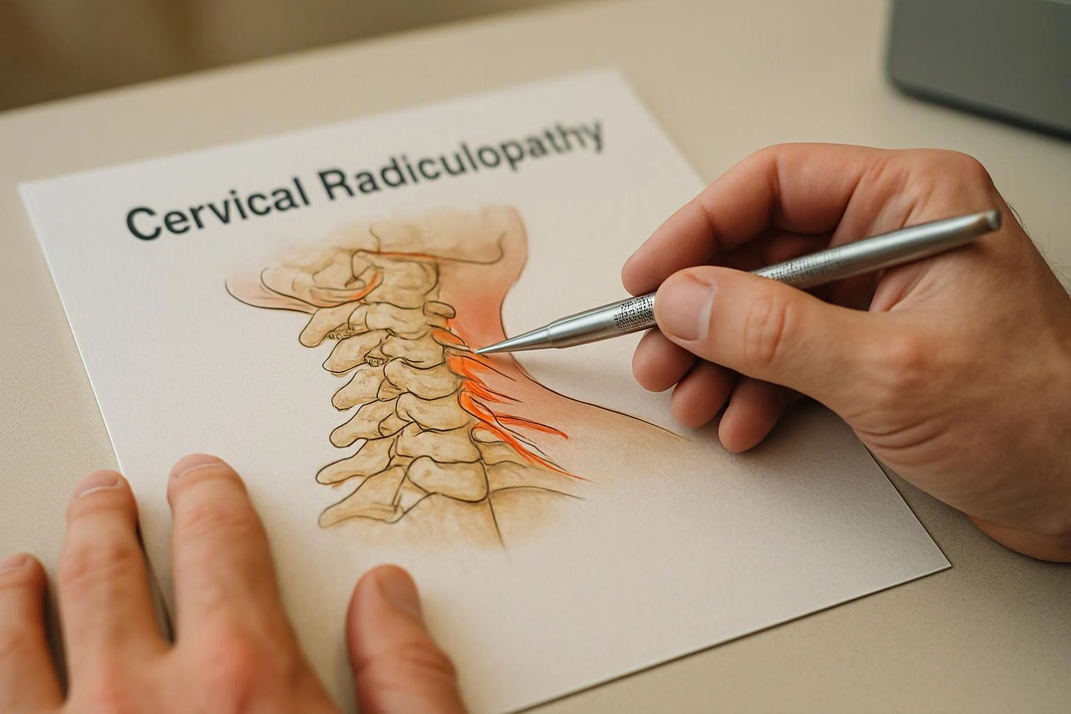 Hands point with a silver pen at a neck spine illustration labeled cervical radiculopathy on a desk