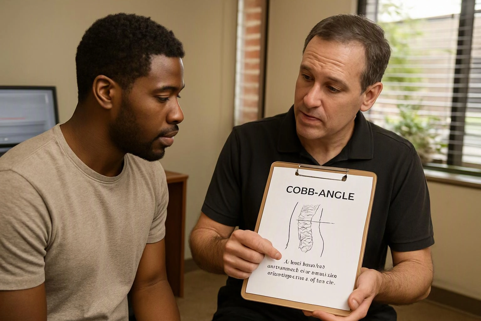 Two men sit in a room, one showing a clipboard labeled COBB-ANGLE with a spine sketch