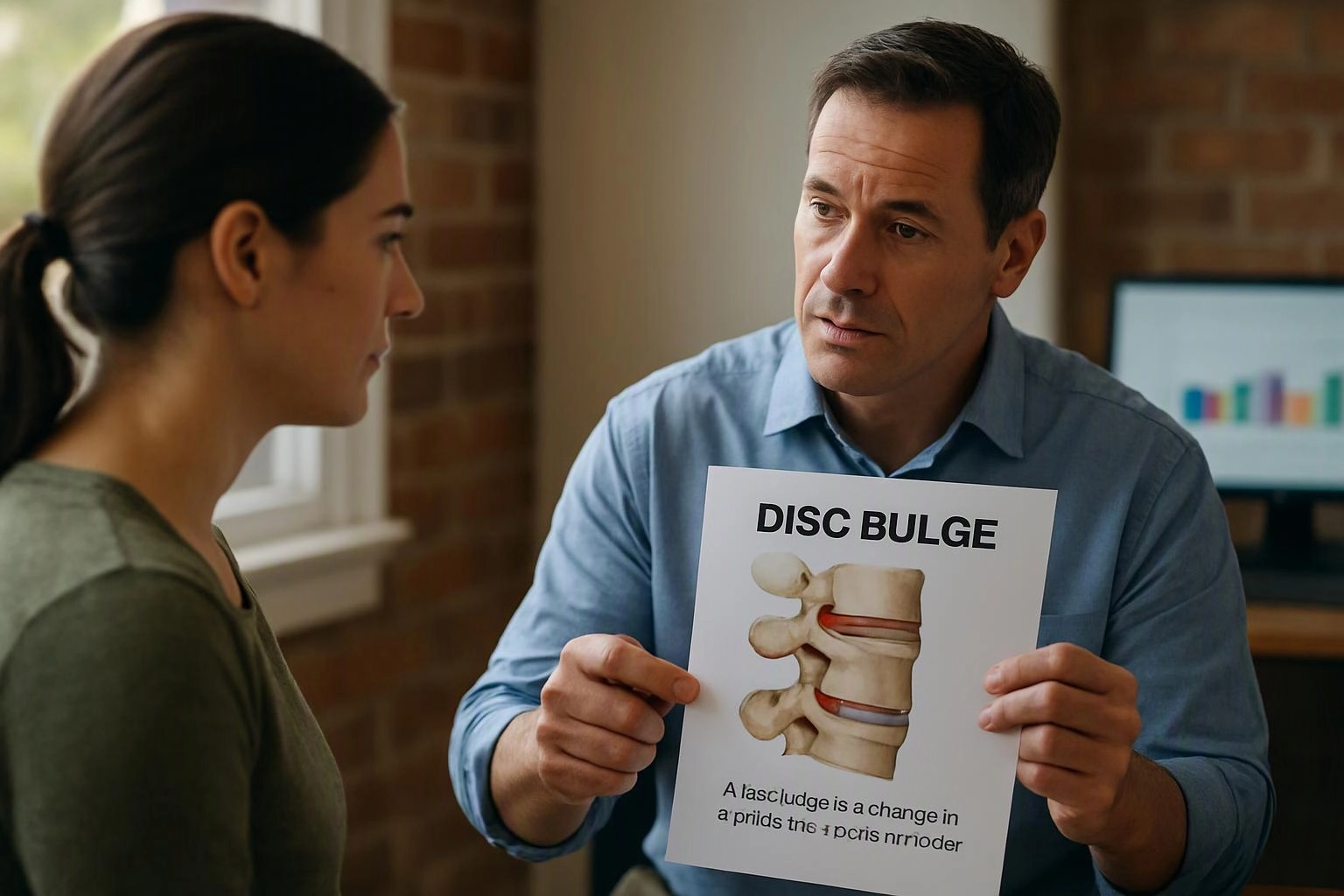 A man shows a disc bulge diagram to a woman in a small office room
