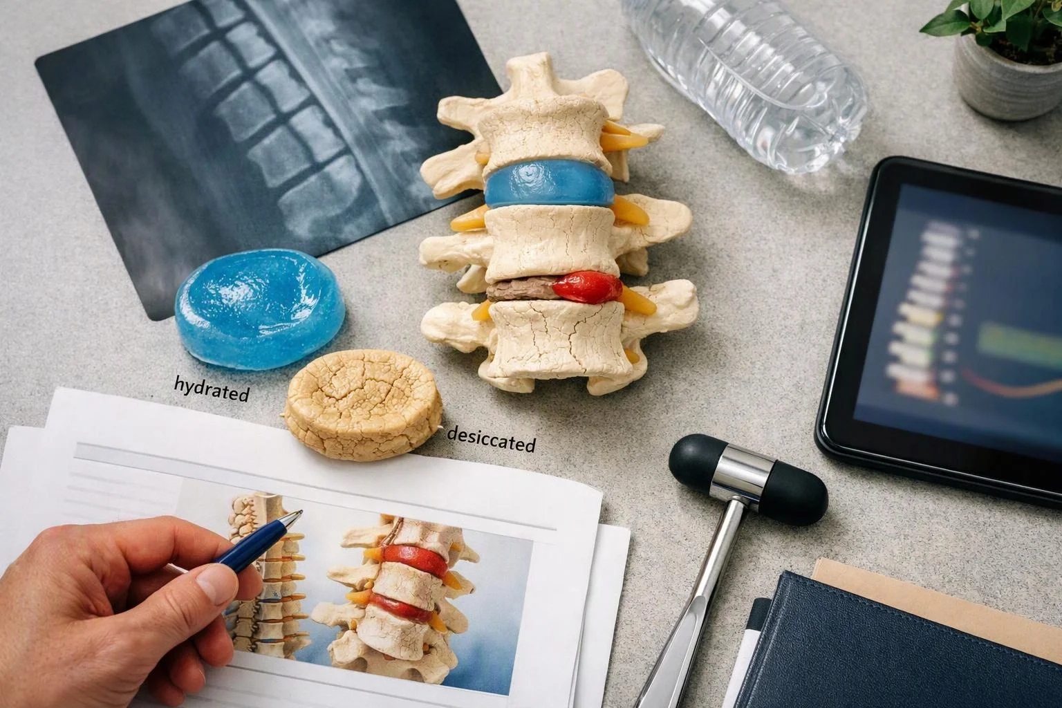 A hand points at a spine diagram beside models, a tablet, an X-ray, and a reflex hammer on a desk
