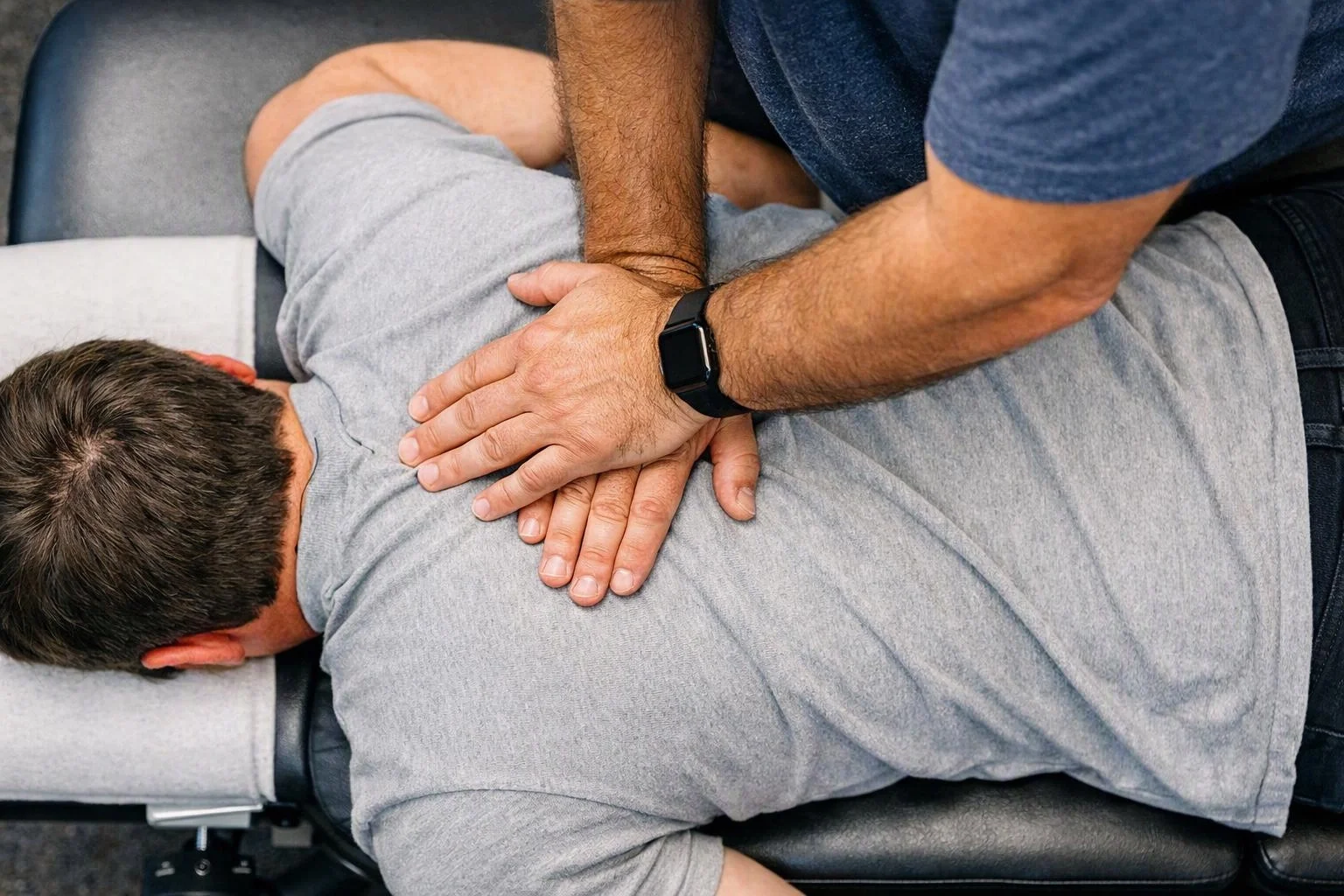 A practitioner presses both hands on a man’s back while he lies face down on a padded table