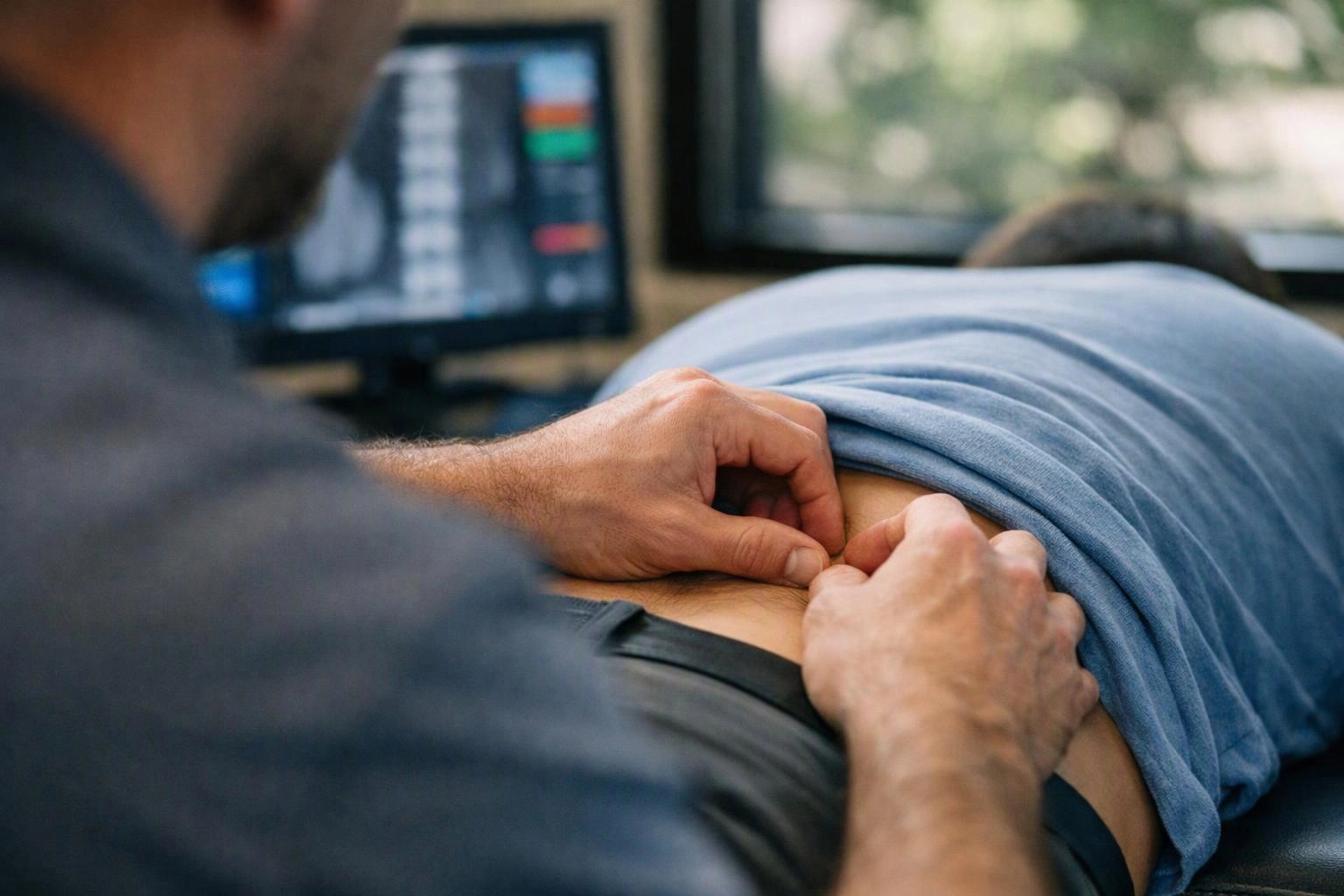 A clinician presses needles into a patient’s lower back during an acupuncture treatment in a medical room