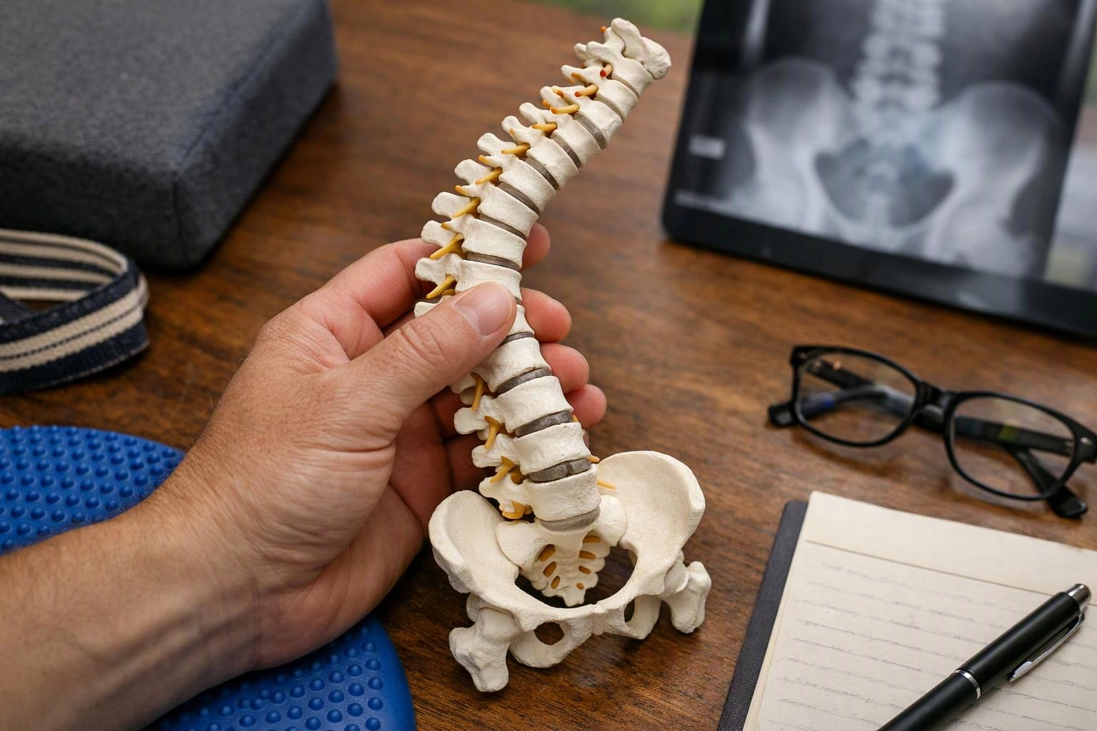 A hand holds a small spine model on a wooden desk beside glasses, a notebook, and an X-ray image