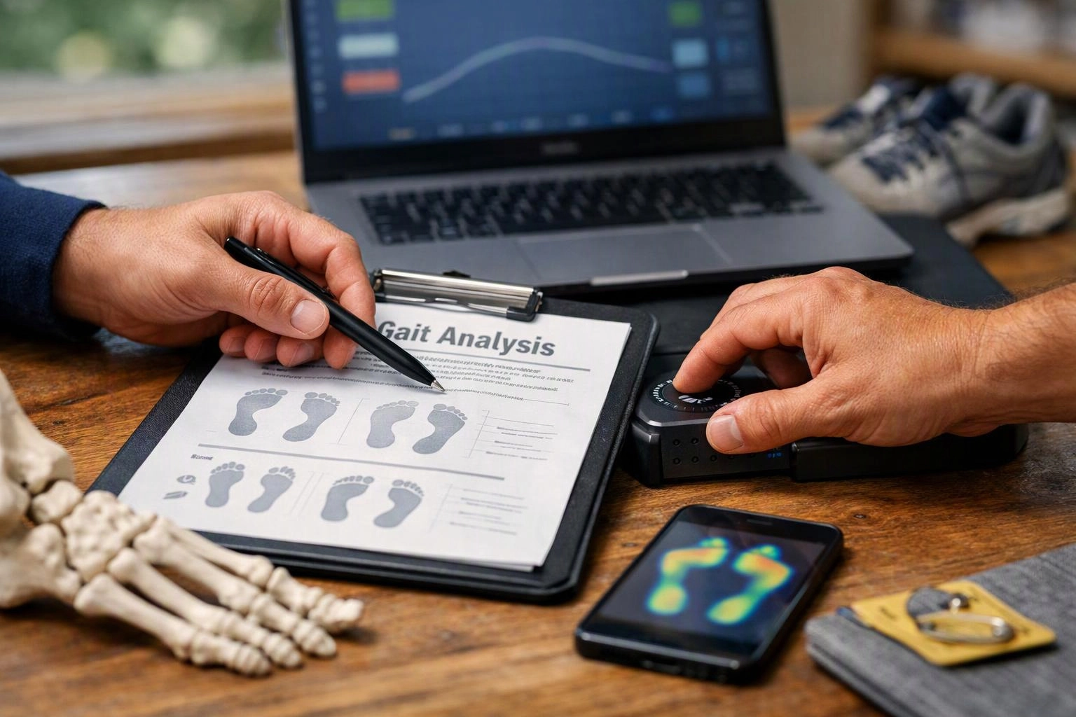 Two hands examine a gait analysis clipboard beside a laptop, a sensor device, and a phone showing foot pressure heatmaps