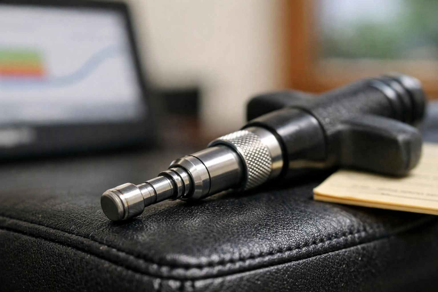 A metal audio plug rests on a black leather surface beside a blurred laptop and notepad