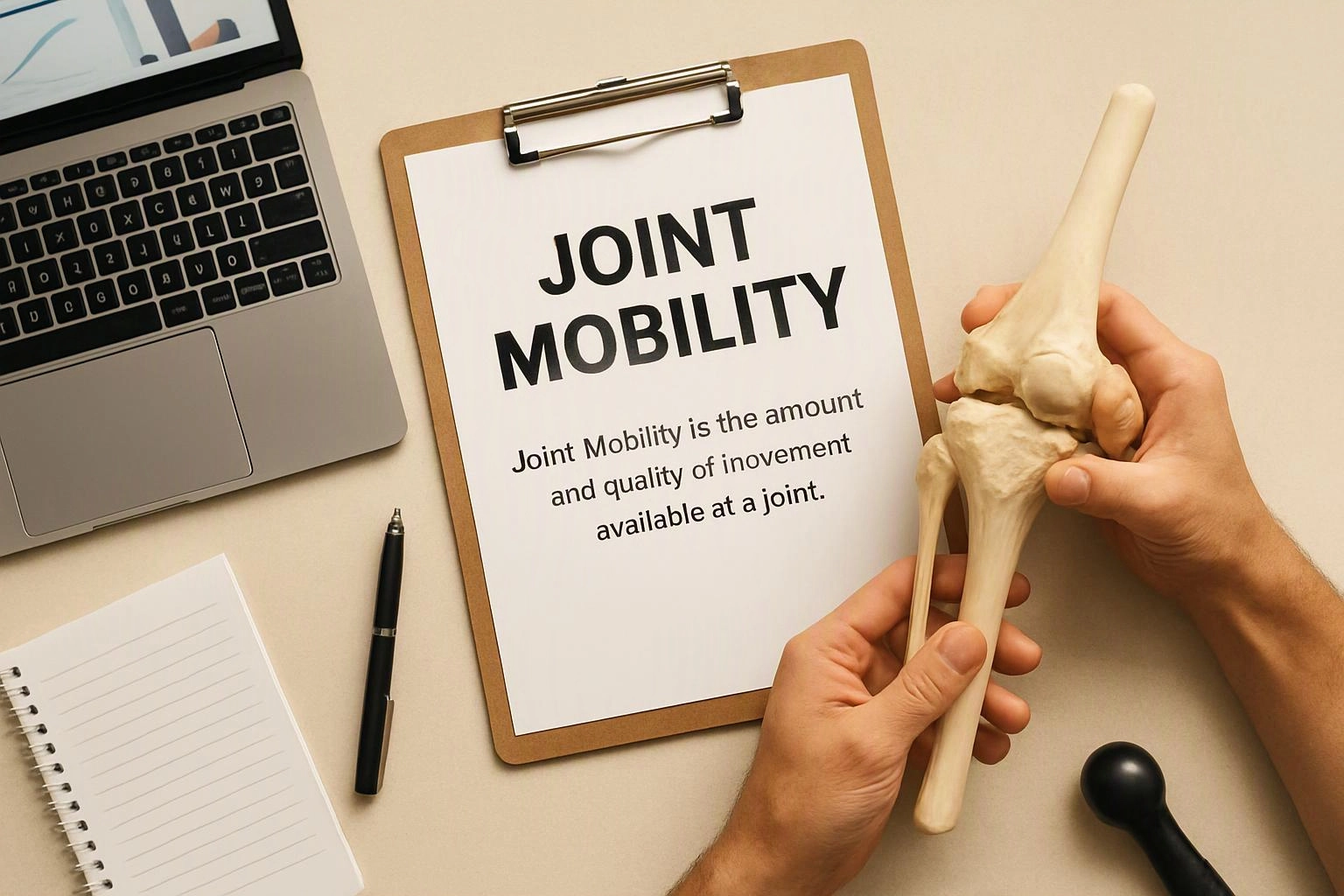 Hands hold a knee joint model beside a clipboard reading joint mobility on a desk with a laptop and notebook
