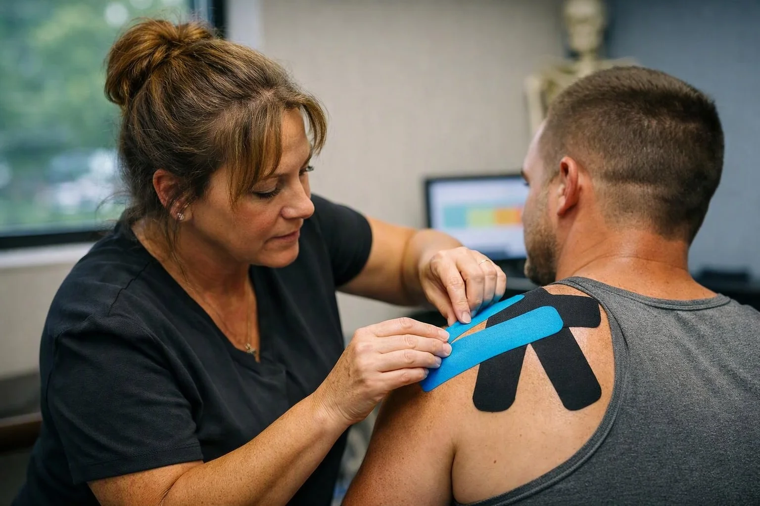 A woman applies blue and black kinesiology tape to a man’s shoulder in a clinic room