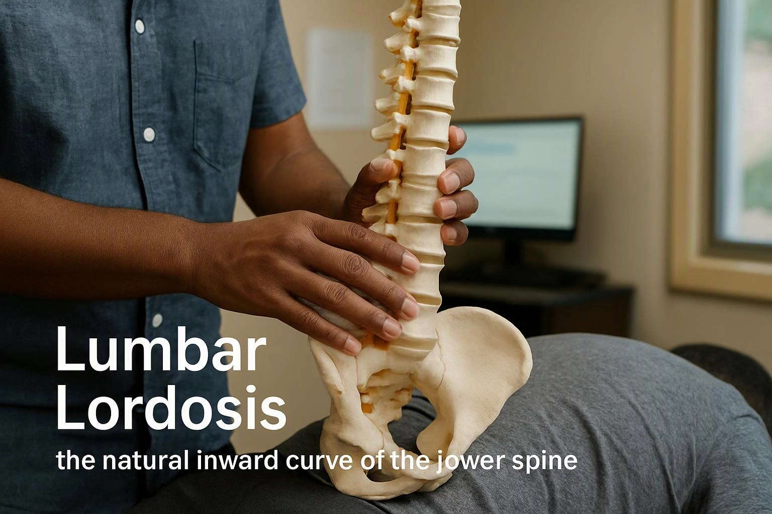 A person holds a spine model over a patient lying face down in a clinic, with lumbar lordosis text on screen