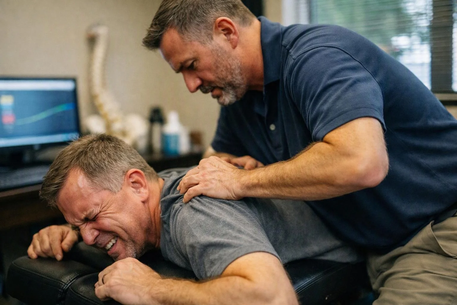 A man presses on another man's back as he lies face down on a clinic table, with a computer and spine model behind them