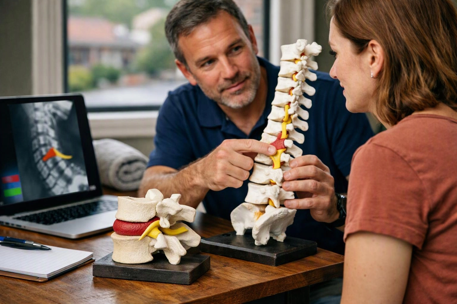 A man explains a spine model to a woman across a desk, with a laptop showing a back image nearby