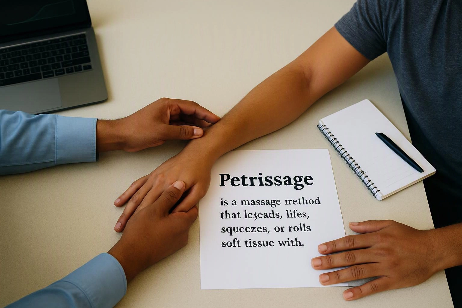 Two people hold an arm on a desk beside a paper titled “Petrissage” and a notebook with a pen