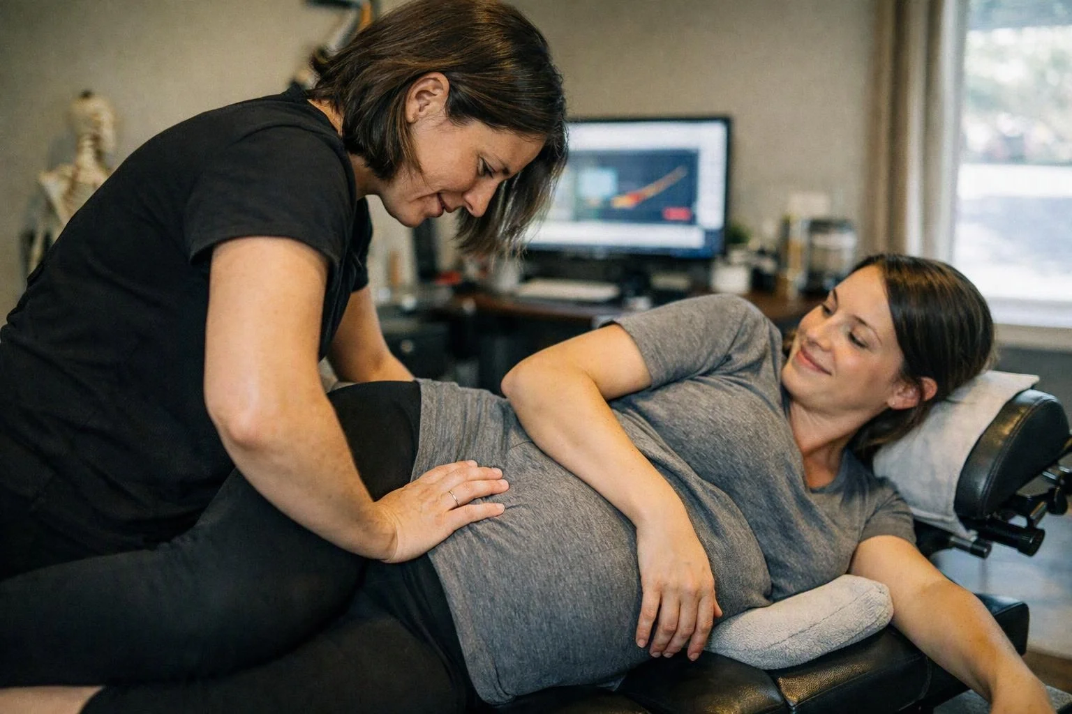 A woman massages another pregnant woman lying on a padded table in a calm clinic room