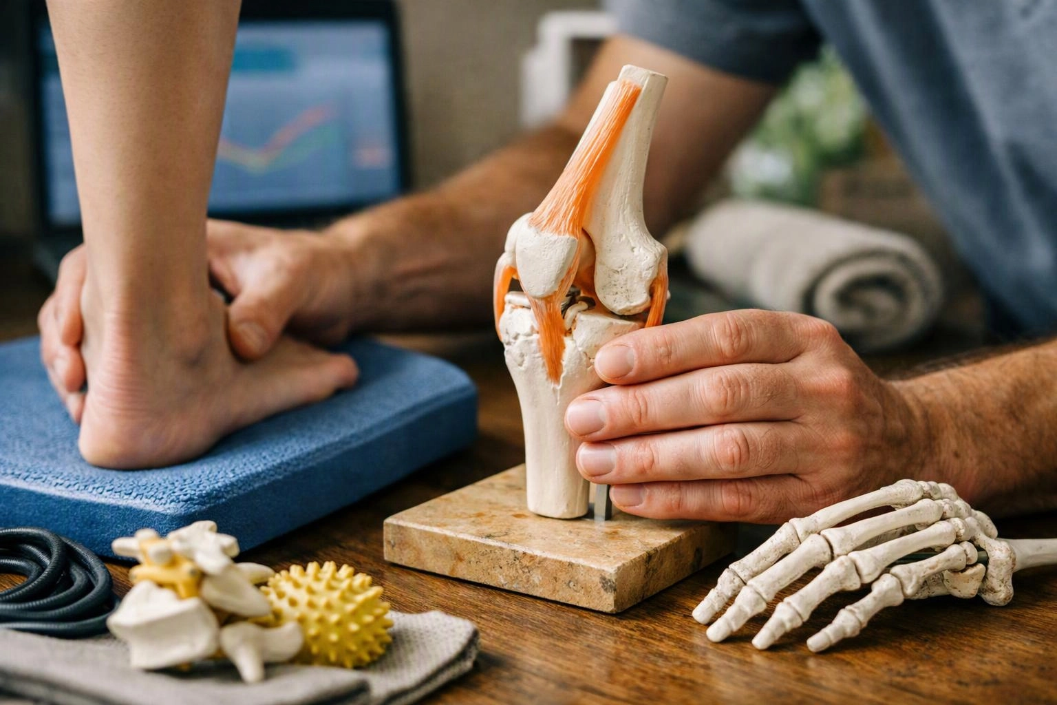 A therapist steadies a bare foot on a blue foam pad beside a knee joint model on a desk