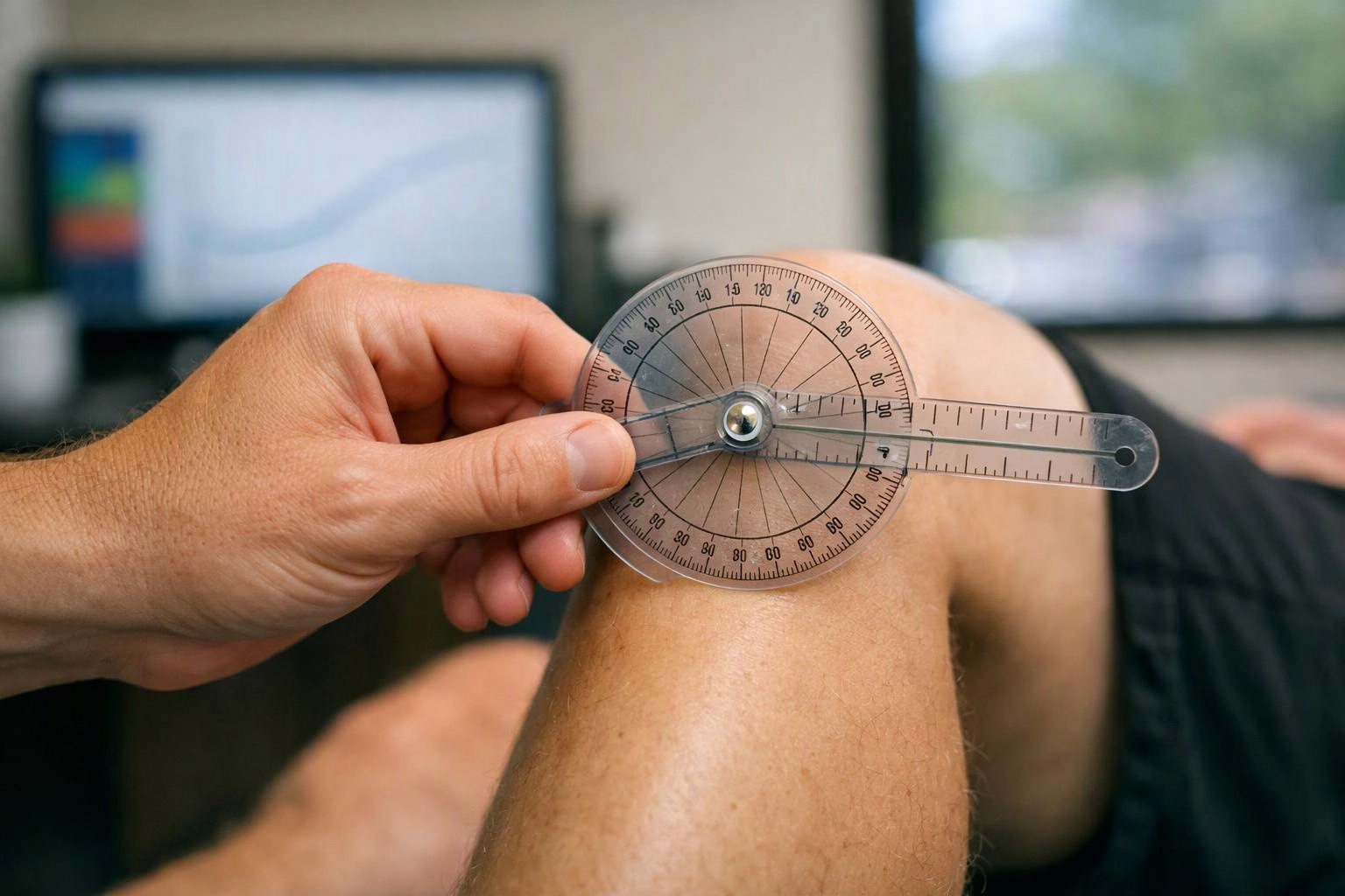 A hand measures a bent knee with a transparent goniometer in a clinic room